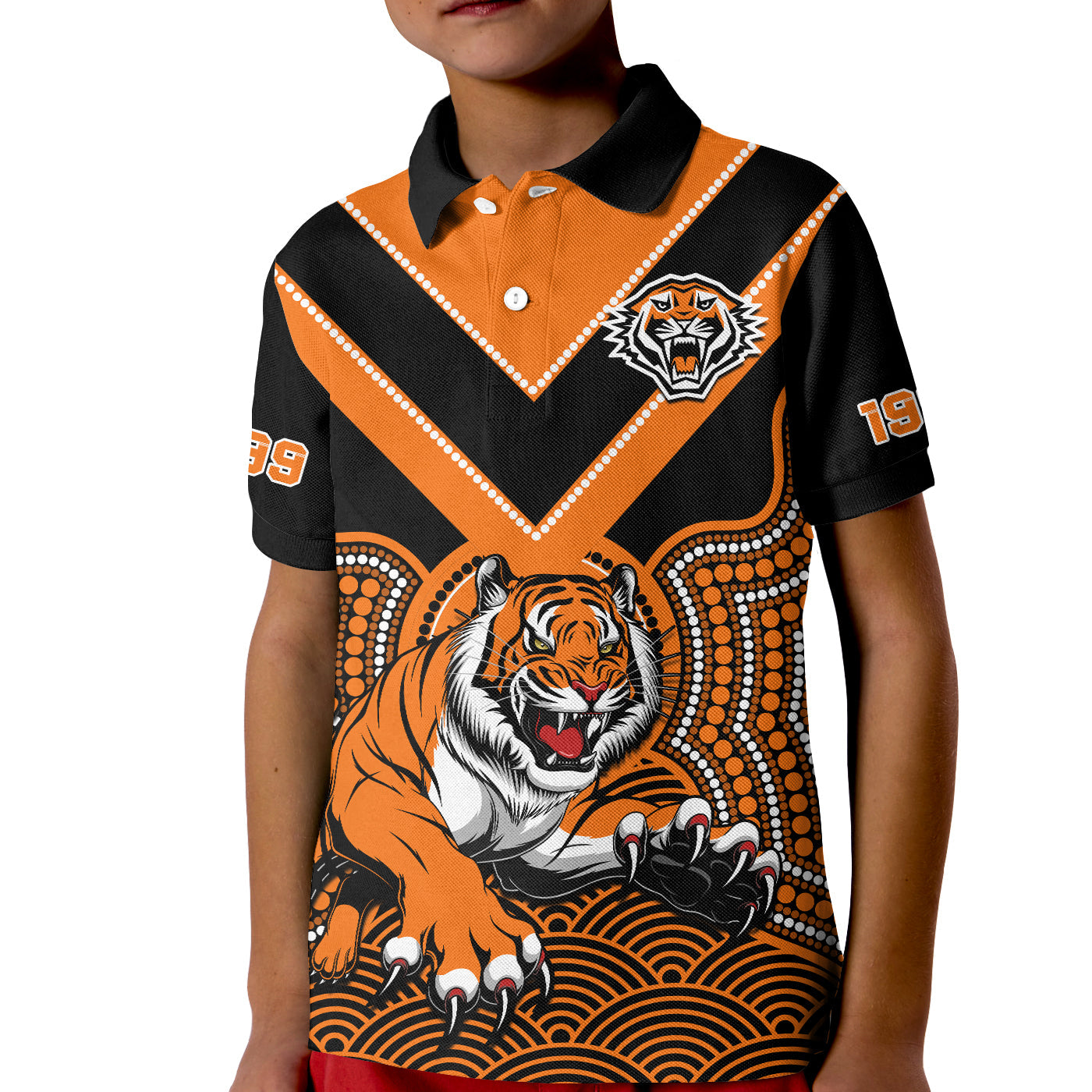 custom-text-and-number-wests-tigers-rugby-polo-shirt-kid-indigenous-black-artsy