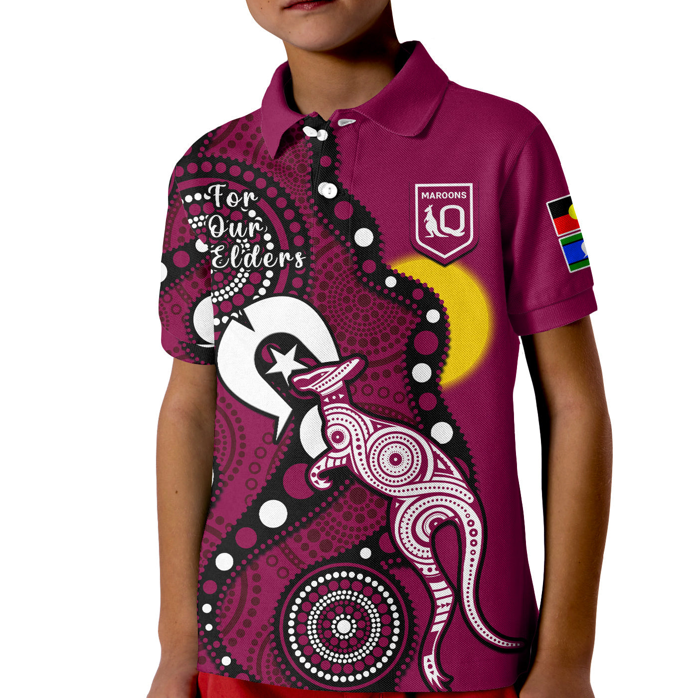 (Custom Text And Number) Maroons Rugby NAIDOC 2023 Polo Shirt KID QLD For Our Elders Indigenous Art - Vibe Hoodie Shop
