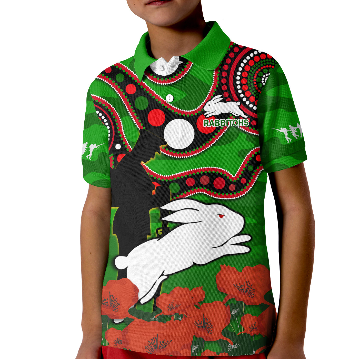 (Custom Text And Number) Rabbitohs Rugby ANZAC 2023 Polo Shirt Bilby With Eggs Flag Style - Vibe Hoodie Shop
