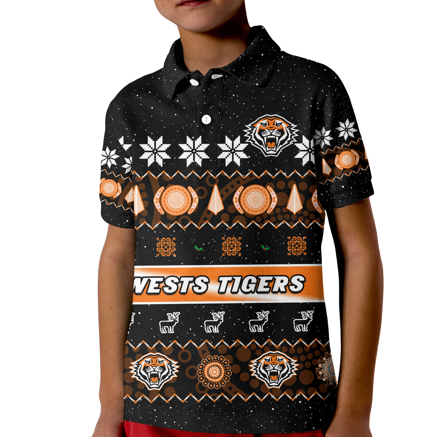 custom-personalised-wests-tigers-christmas-polo-shirt-kid-aboriginal-art-merry-xmas