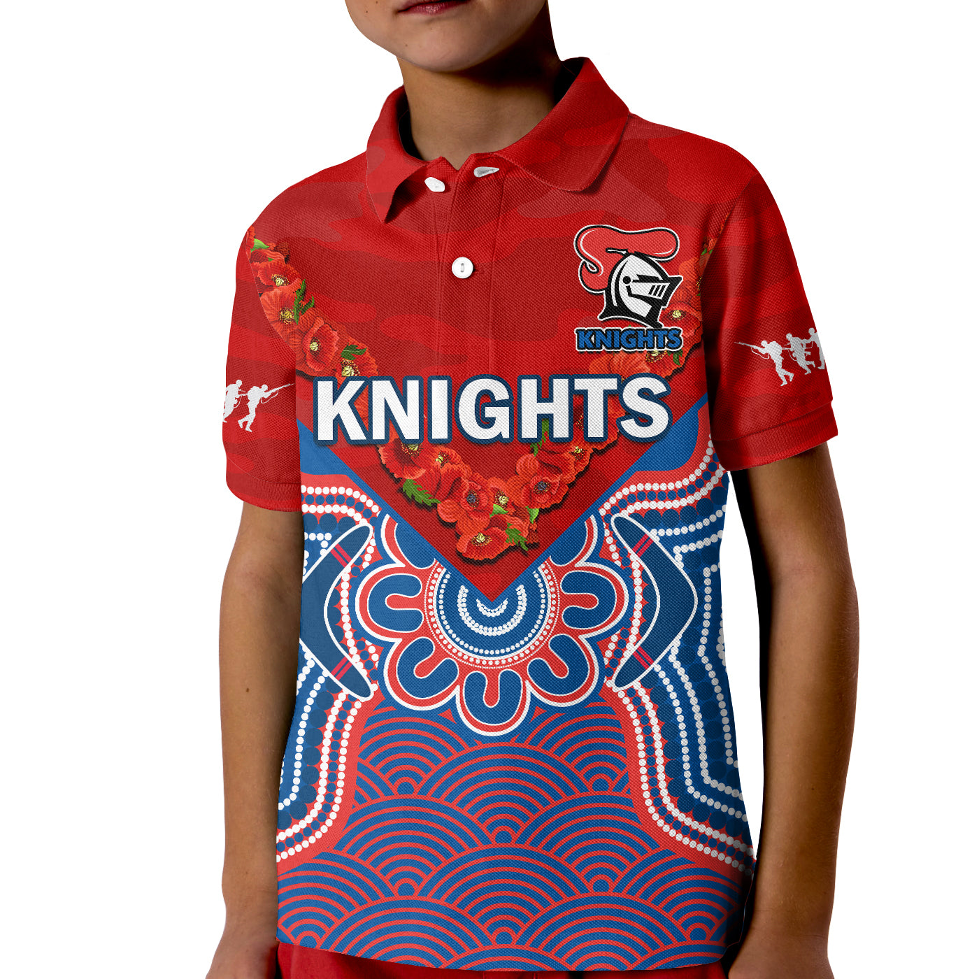 (Custom Text And Number) Knights ANZAC 2023 Polo Shirt Camouflage Poppy Mix Aboriginal - Vibe Hoodie Shop