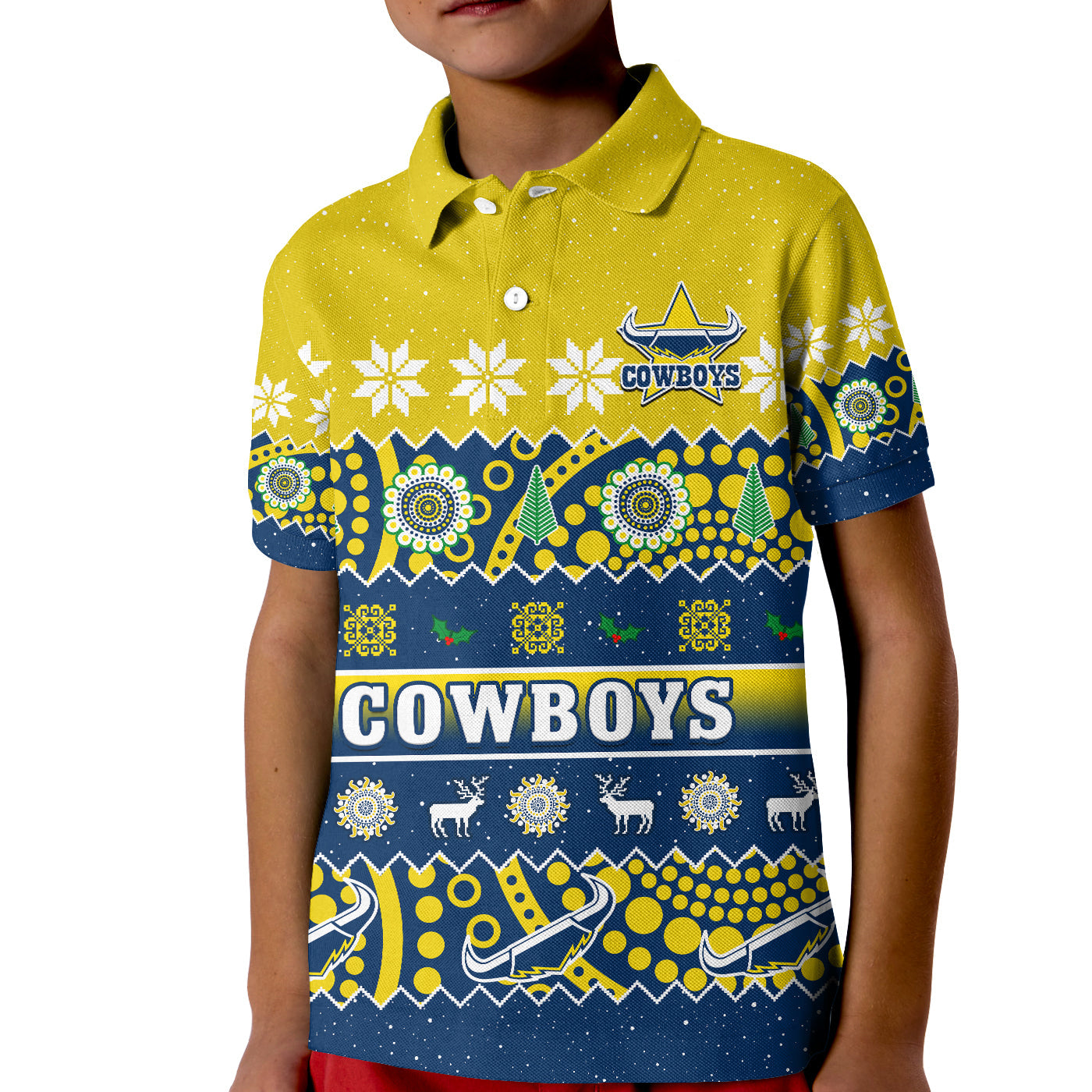 (Custom Personalised) Cowboys Christmas Polo Shirt Aboriginal Art Merry Xmas - Vibe Hoodie Shop