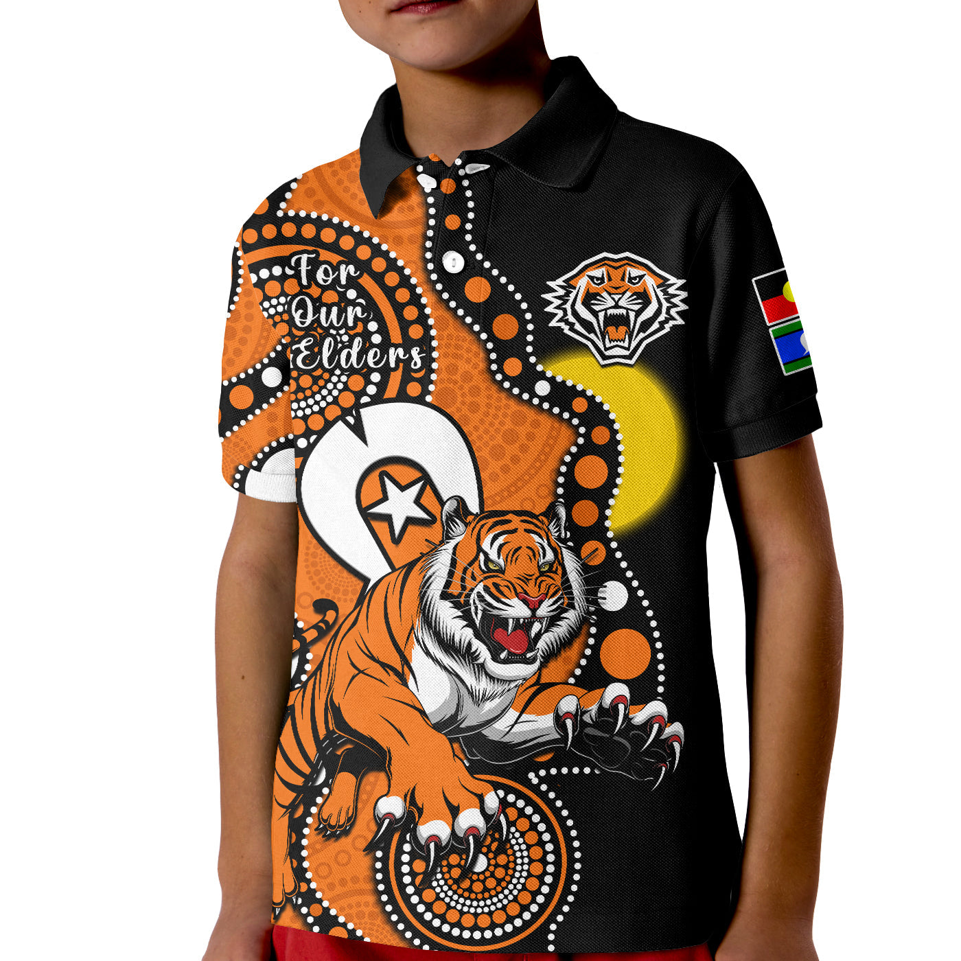 custom-text-and-number-wests-tigers-rugby-naidoc-2023-polo-shirt-kid-for-our-elders-indigenous-art