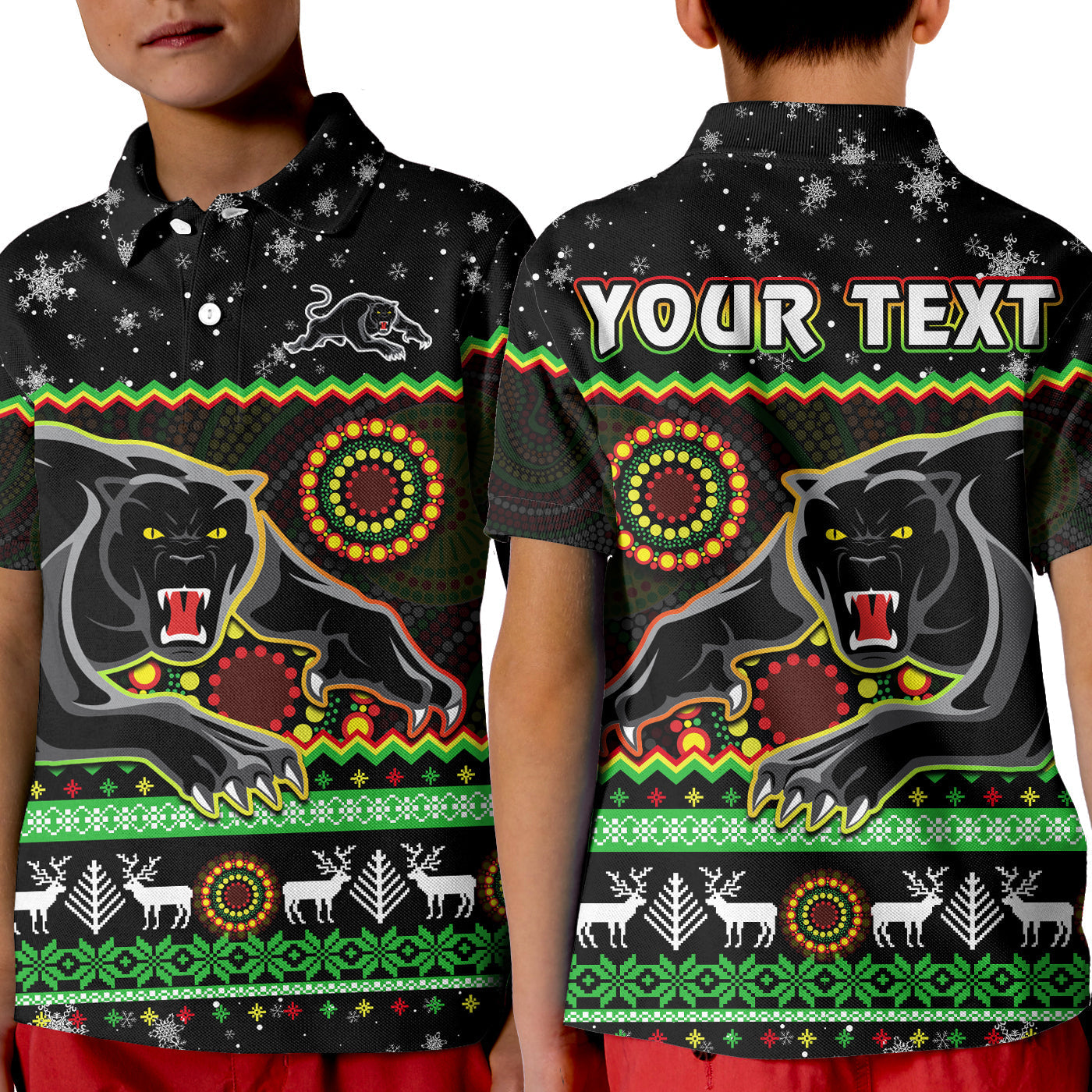 (Custom Personalised) Panthers Christmas Polo Shirt Aboriginal Pattern Penrith Black Version - Vibe Hoodie Shop