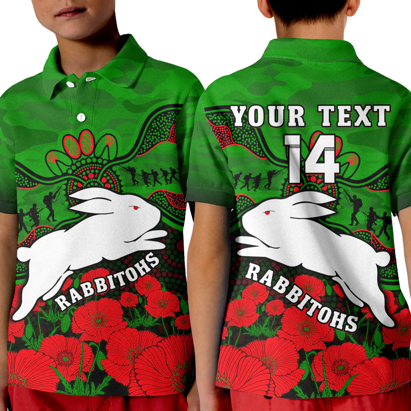 (Custom Text And Number) Rabbitohs Rugby ANZAC Polo Shirt South Sydney Camouflage Poppy Aboriginal - Vibe Hoodie Shop