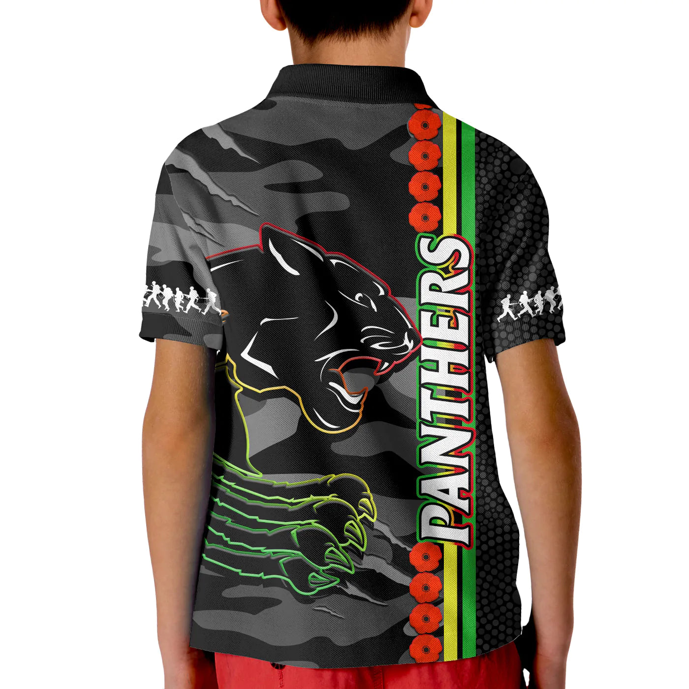 Panthers Rugby ANZAC Polo Shirt KID Aboriginal Mix Poppy Camouflage Black - Vibe Hoodie Shop