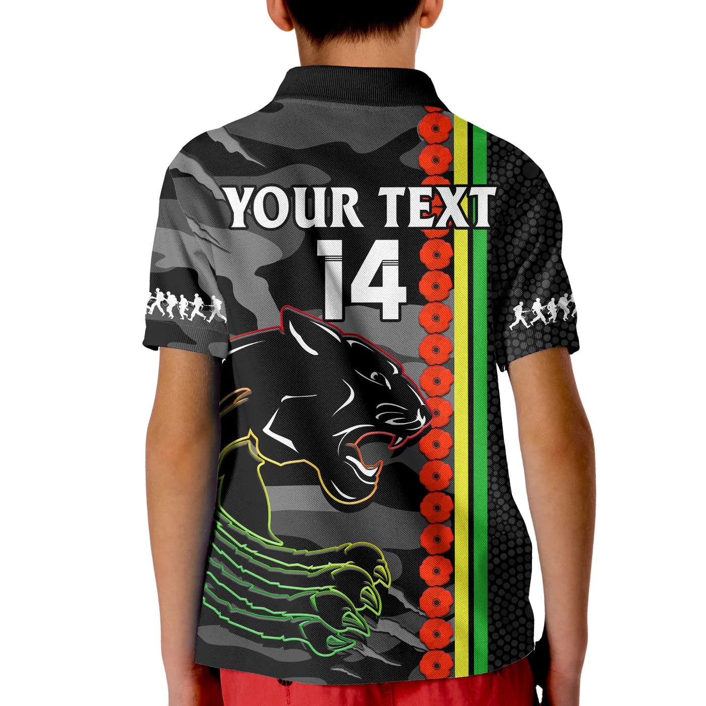 (Custom Text And Number) Panthers Rugby ANZAC Polo Shirt KID Aboriginal Mix Poppy Camouflage Black - Vibe Hoodie Shop