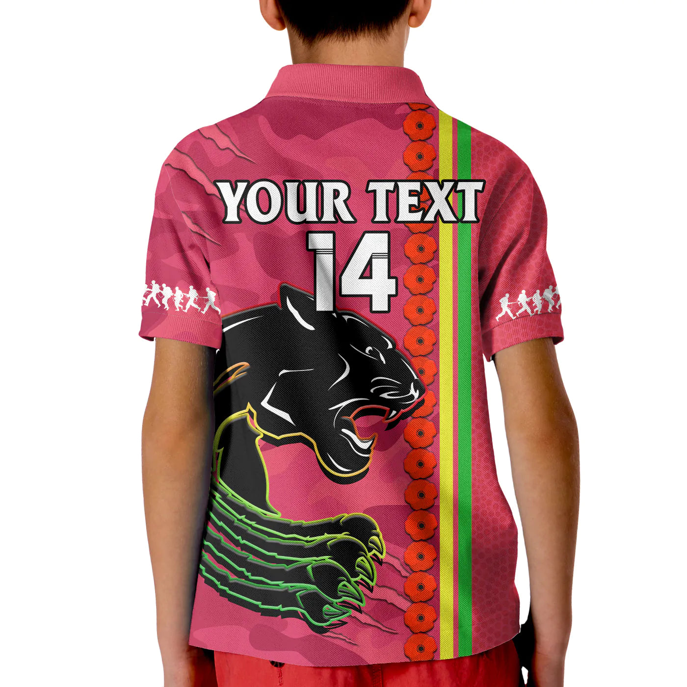 (Custom Text And Number) Panthers Rugby ANZAC Polo Shirt KID Aboriginal Mix Poppy Camouflage Pink - Vibe Hoodie Shop