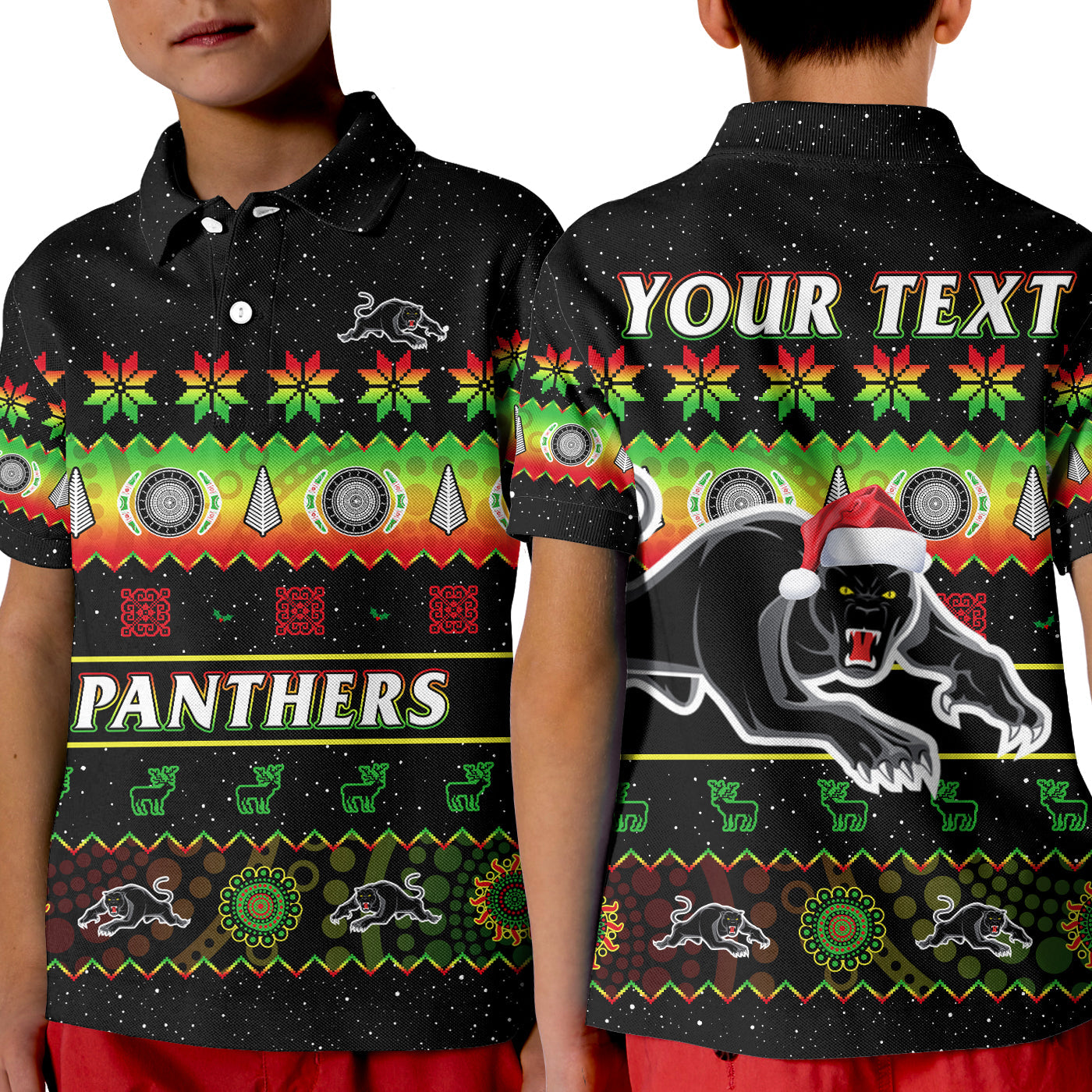 (Custom Personalised) Penrith Panthers Christmas Polo Shirt KID The Riff Aboriginal Art Merry Xmas - Vibe Hoodie Shop