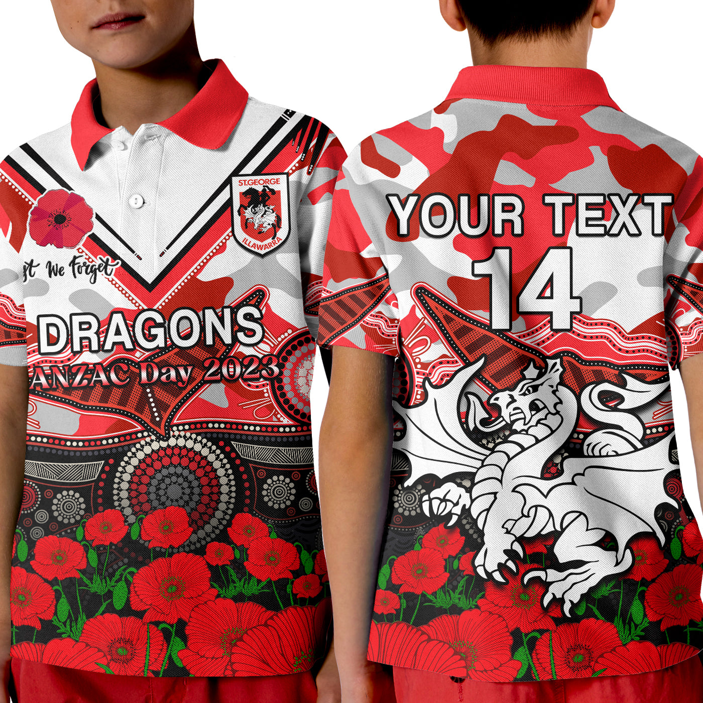 custom-text-and-number-dragons-rugby-anzac-2023-polo-shirt-kid-aboriginal-mix-poppy-lest-we-forget