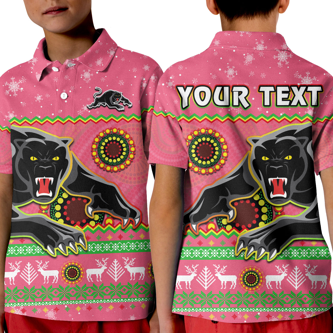 (Custom Personalised) Panthers Christmas Polo Shirt Aboriginal Pattern Penrith Pink Version - Vibe Hoodie Shop