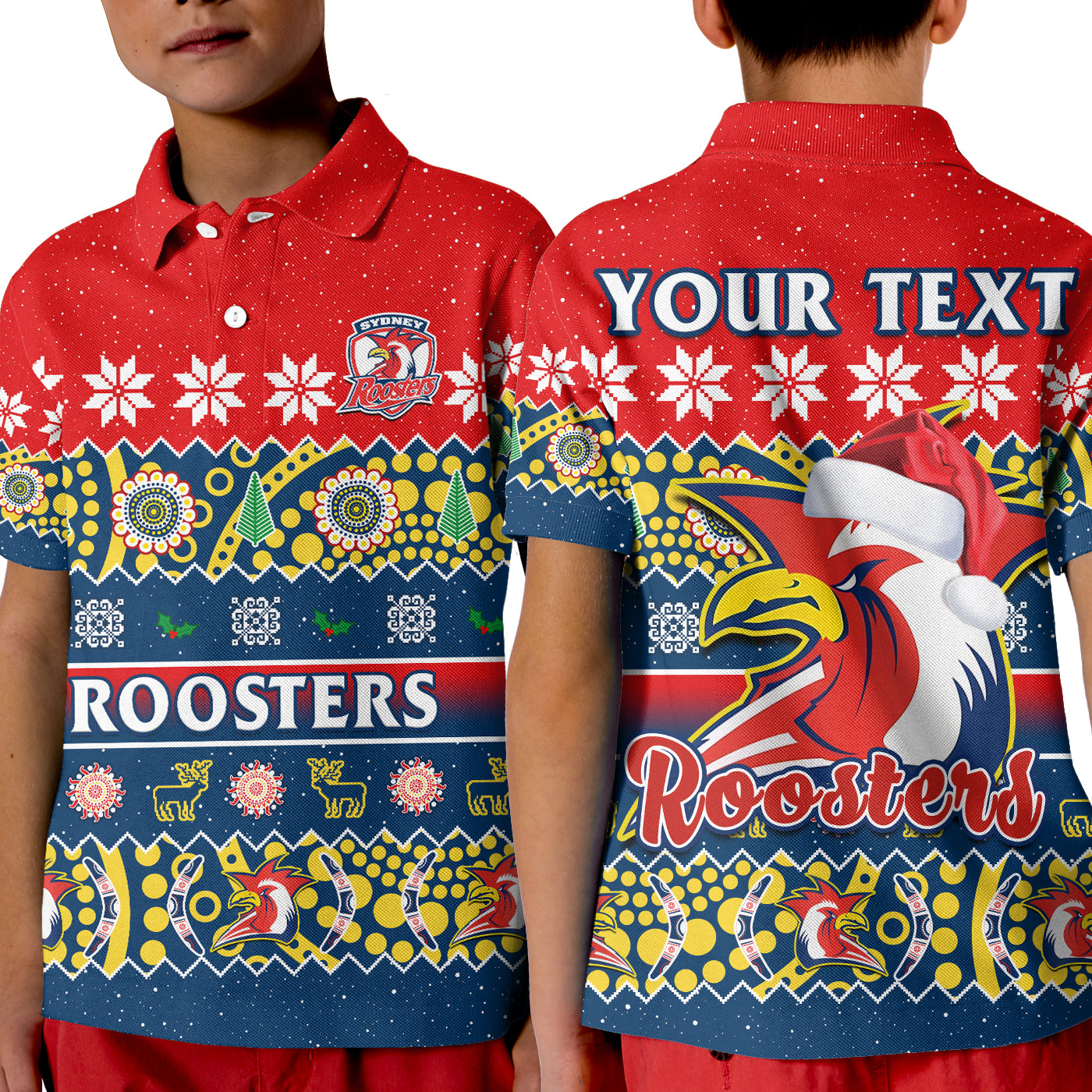 custom-personalised-sydney-roosters-christmas-polo-shirt-kid-easts-aboriginal-art-merry-xmas