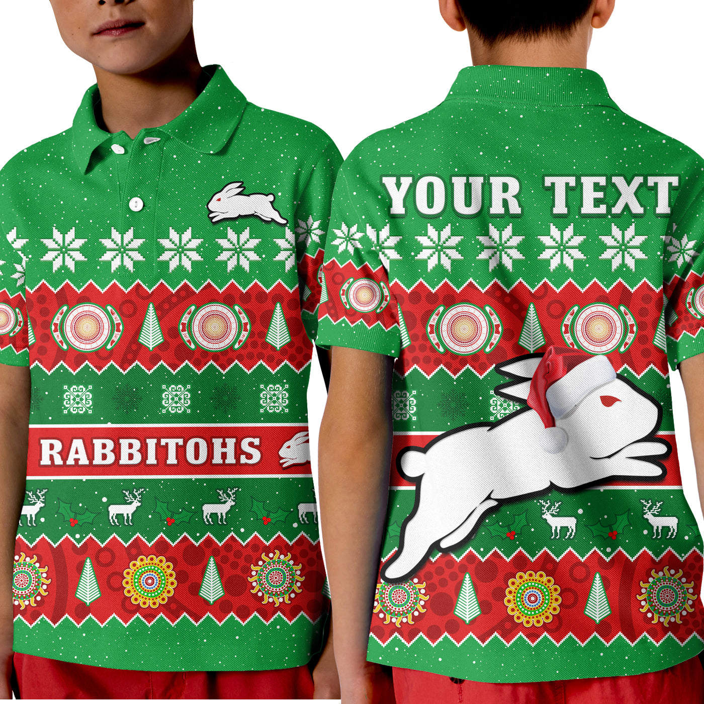 (Custom Personalised) Rabbitohs Christmas Polo Shirt KID Souths Aboriginal Art Merry Xmas - Vibe Hoodie Shop