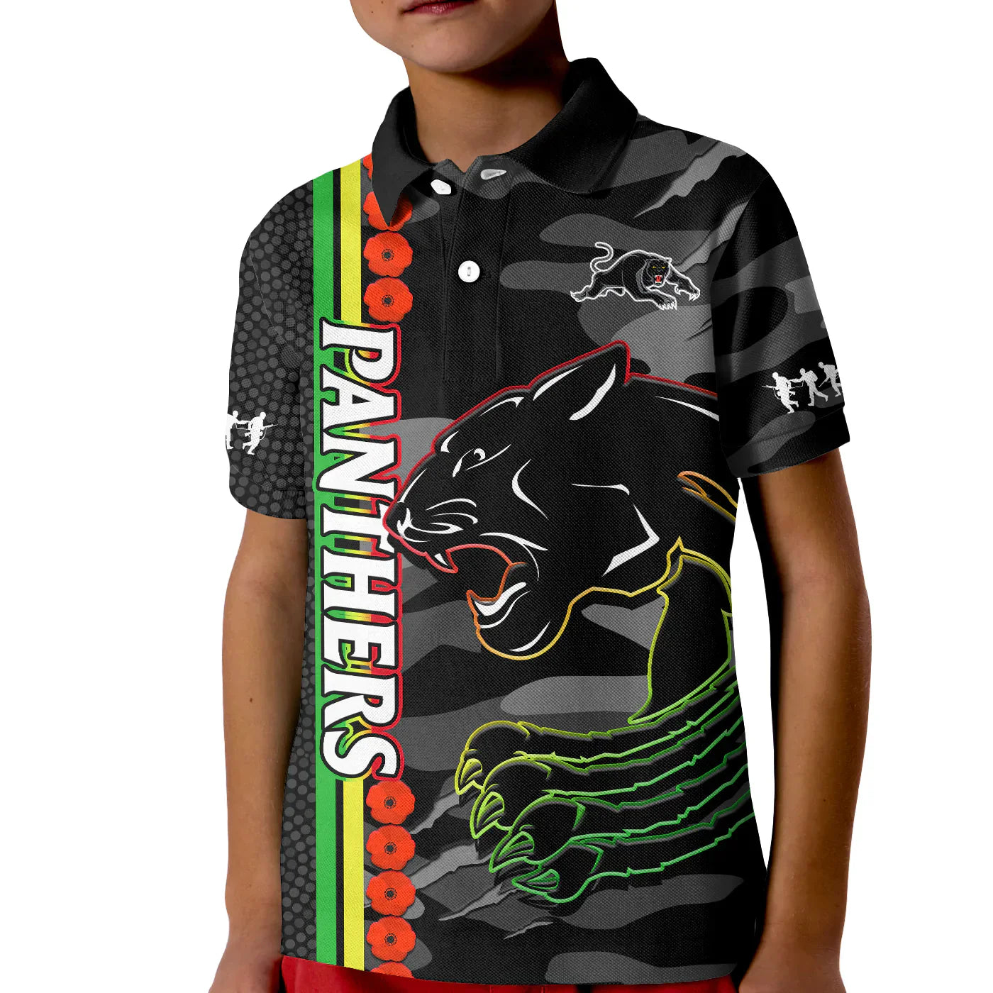 (Custom Text And Number) Panthers Rugby ANZAC Polo Shirt KID Aboriginal Mix Poppy Camouflage Black - Vibe Hoodie Shop