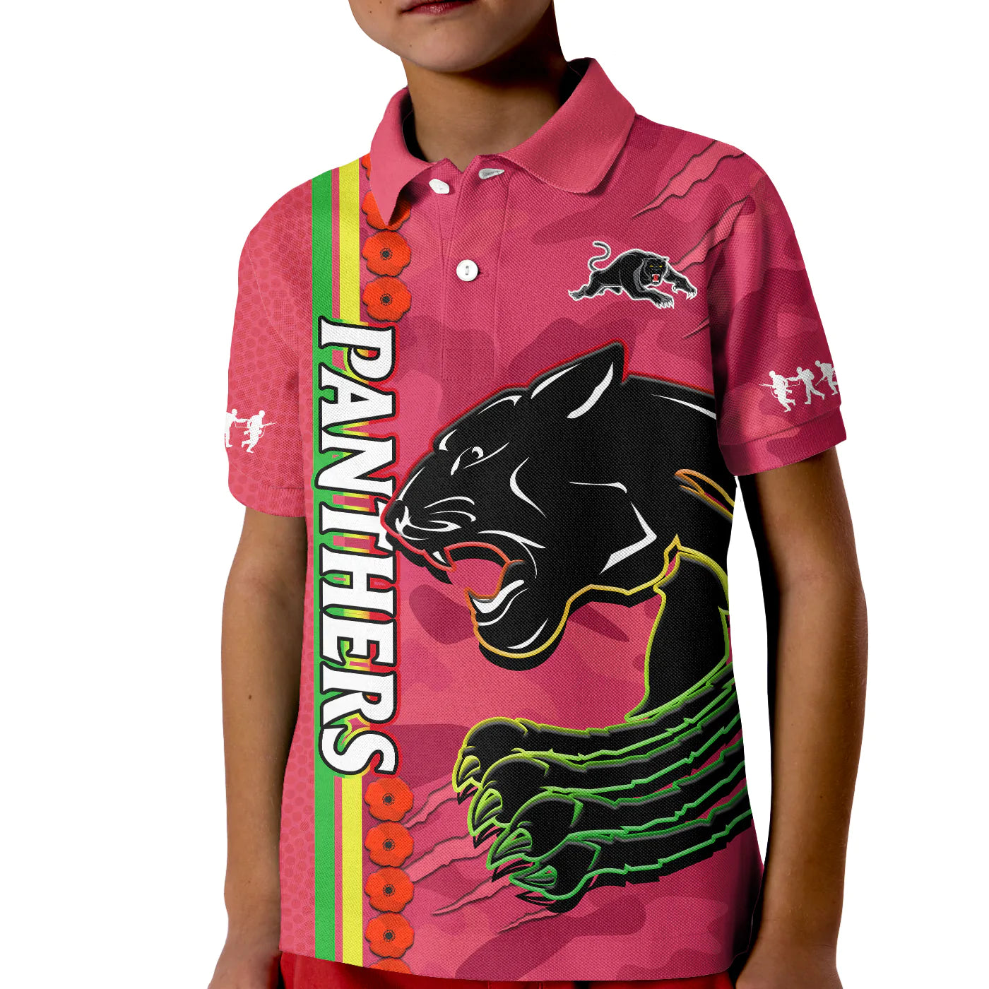 (Custom Text And Number) Panthers Rugby ANZAC Polo Shirt KID Aboriginal Mix Poppy Camouflage Pink - Vibe Hoodie Shop