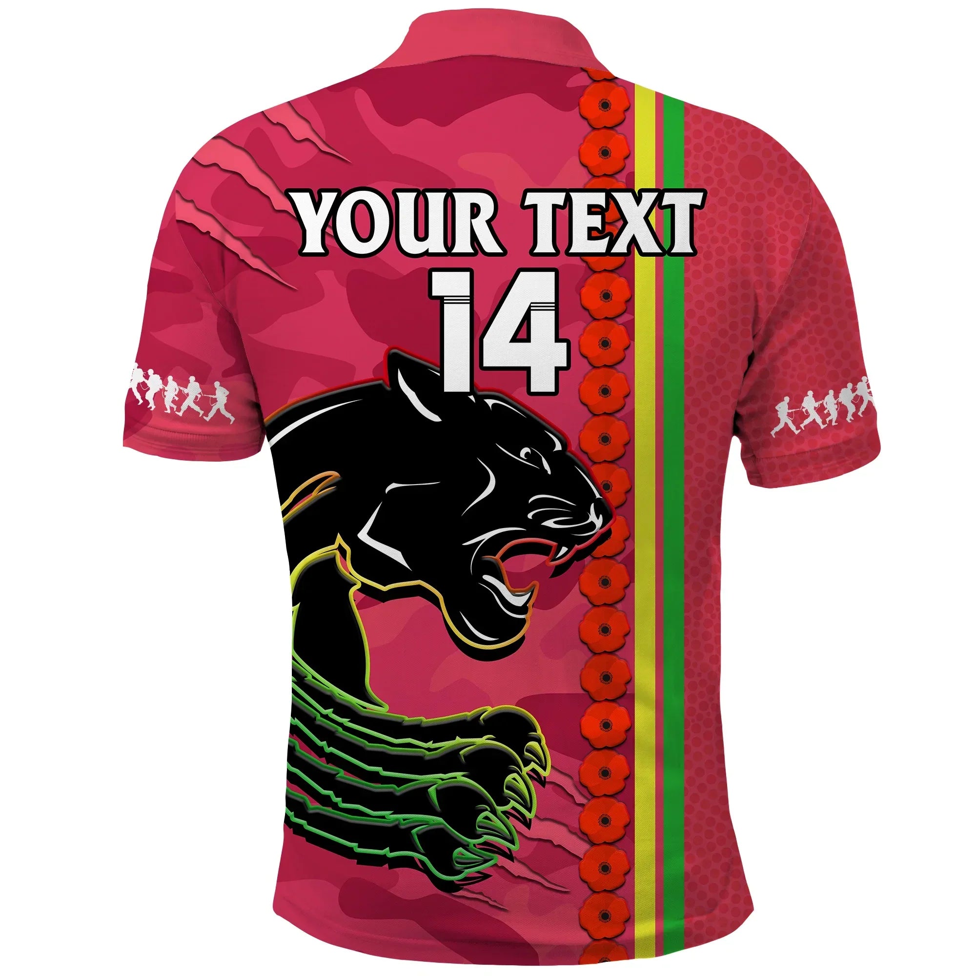 (Custom Text And Number) Panthers Rugby ANZAC Polo Shirt Aboriginal Mix Poppy Camouflage Pink - Vibe Hoodie Shop