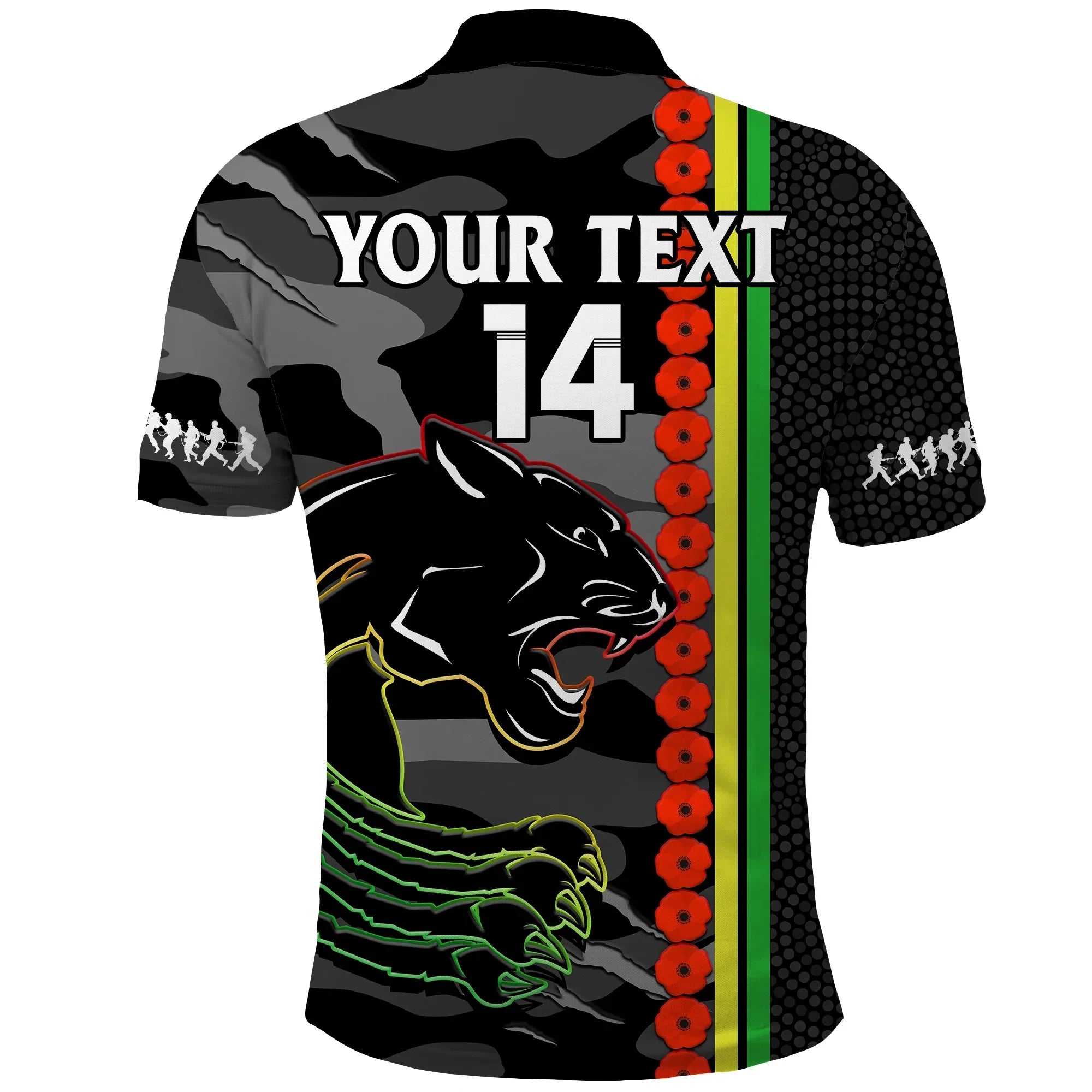 (Custom Text And Number) Panthers Rugby ANZAC Polo Shirt Aboriginal Mix Poppy Camouflage Black - Vibe Hoodie Shop