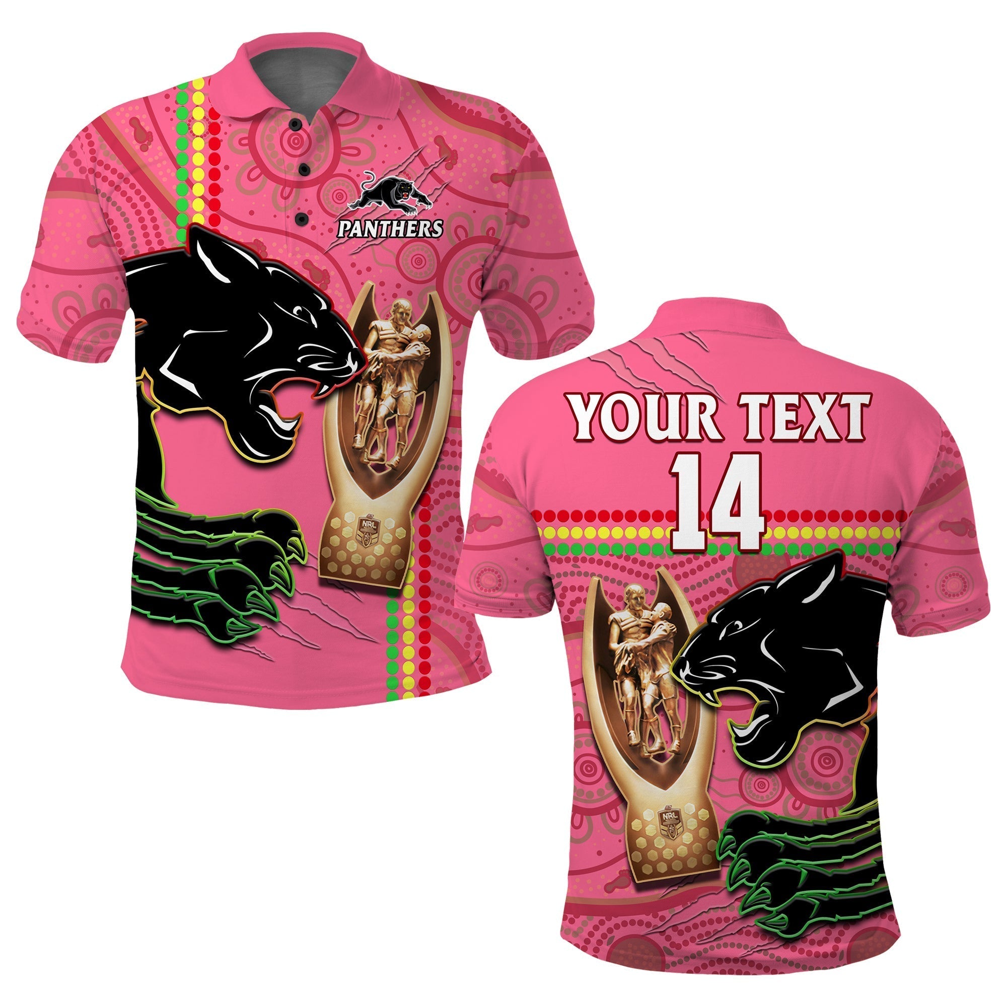(Custom Text And Number) Panthers Rugby Polo Shirt The Riff 2022 Premiers Aboriginal Pink - Vibe Hoodie Shop