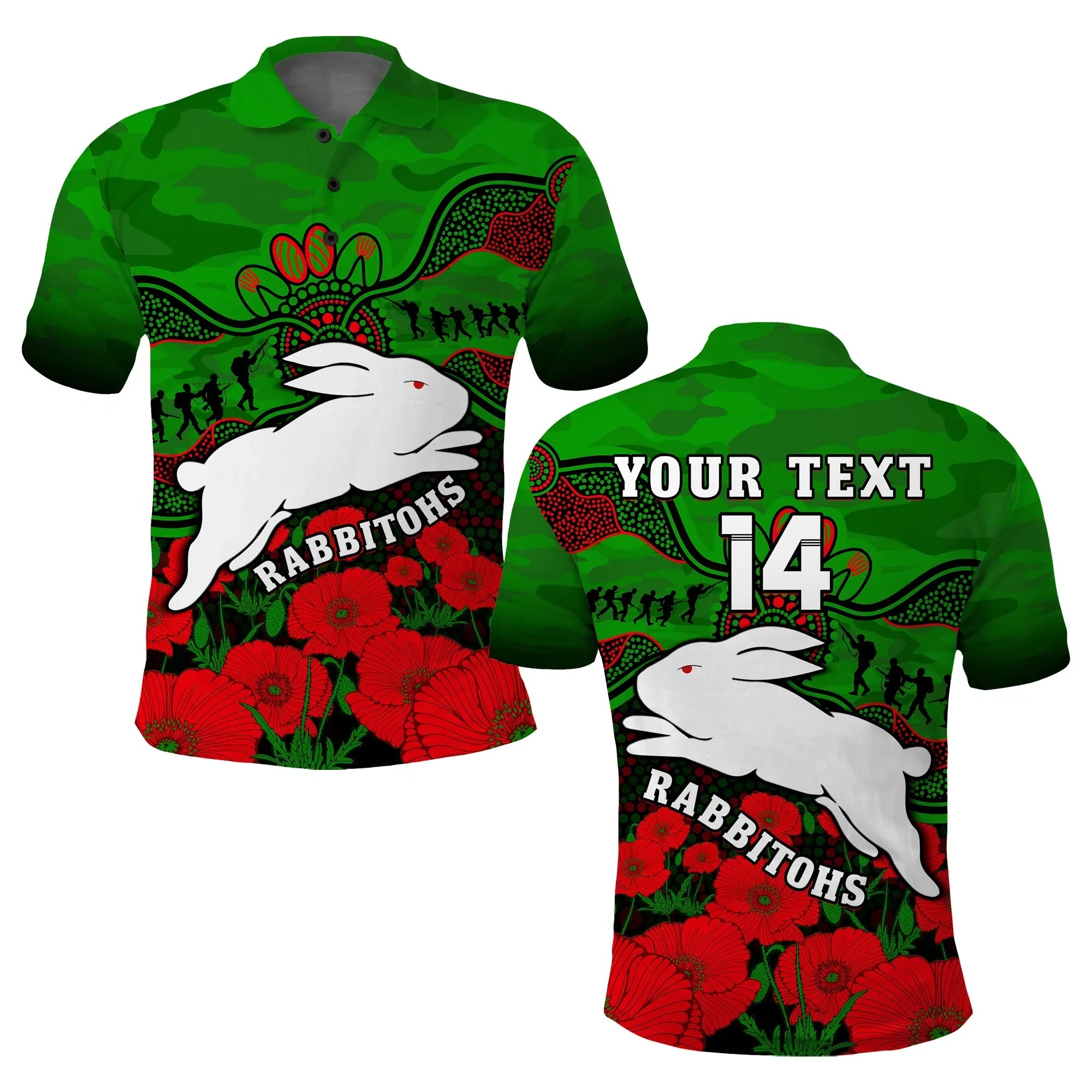 (Custom Text And Number) Rabbitohs Rugby ANZAC Polo Shirt South Sydney Camouflage Poppy Aboriginal - Vibe Hoodie Shop