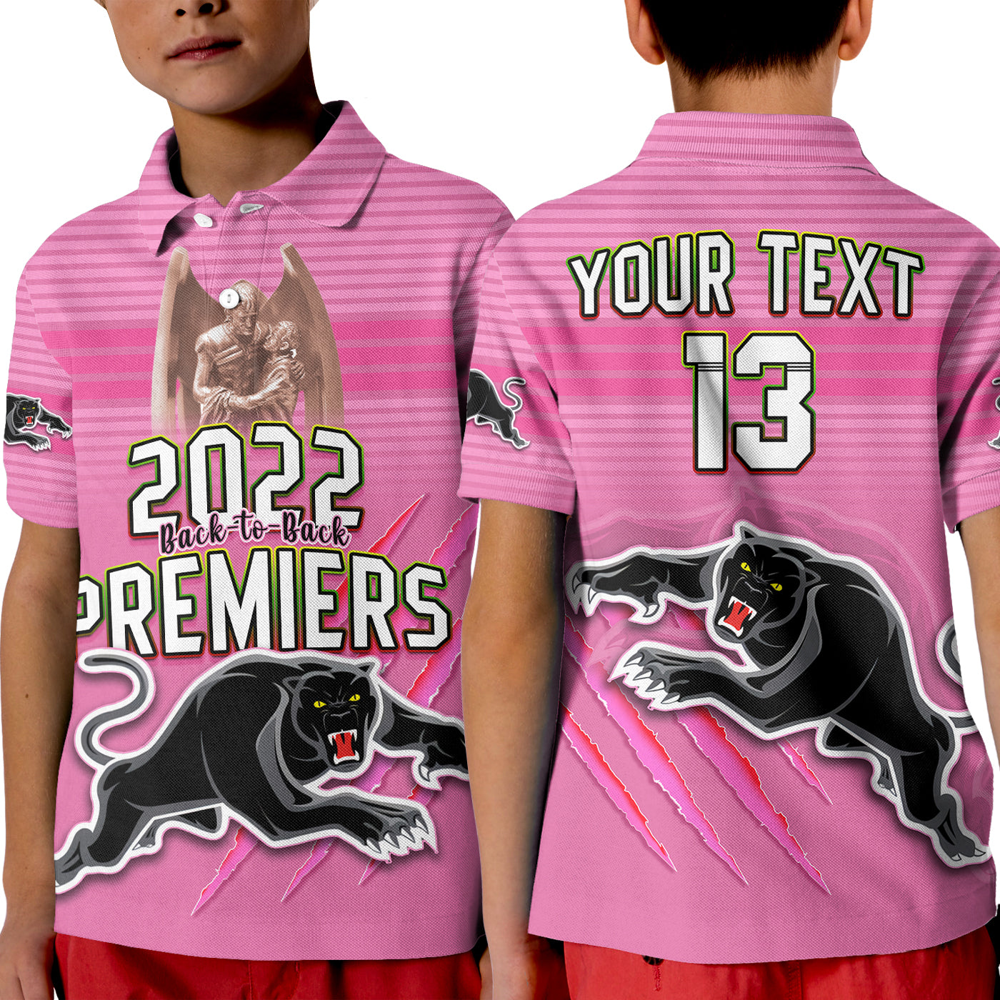 Custom Text and Number Panthers Proud Polo Shirt Back to Back Premiers 2022 Version Pink - Vibe Hoodie Shop