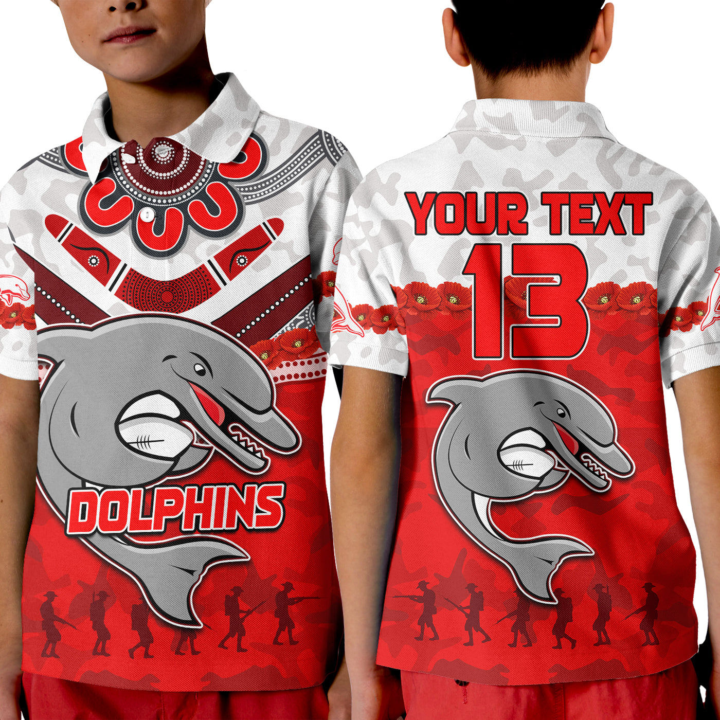 custom-text-and-number-dolphins-rugby-polo-shirt-kid-anzac-day-poppy-aboriginal