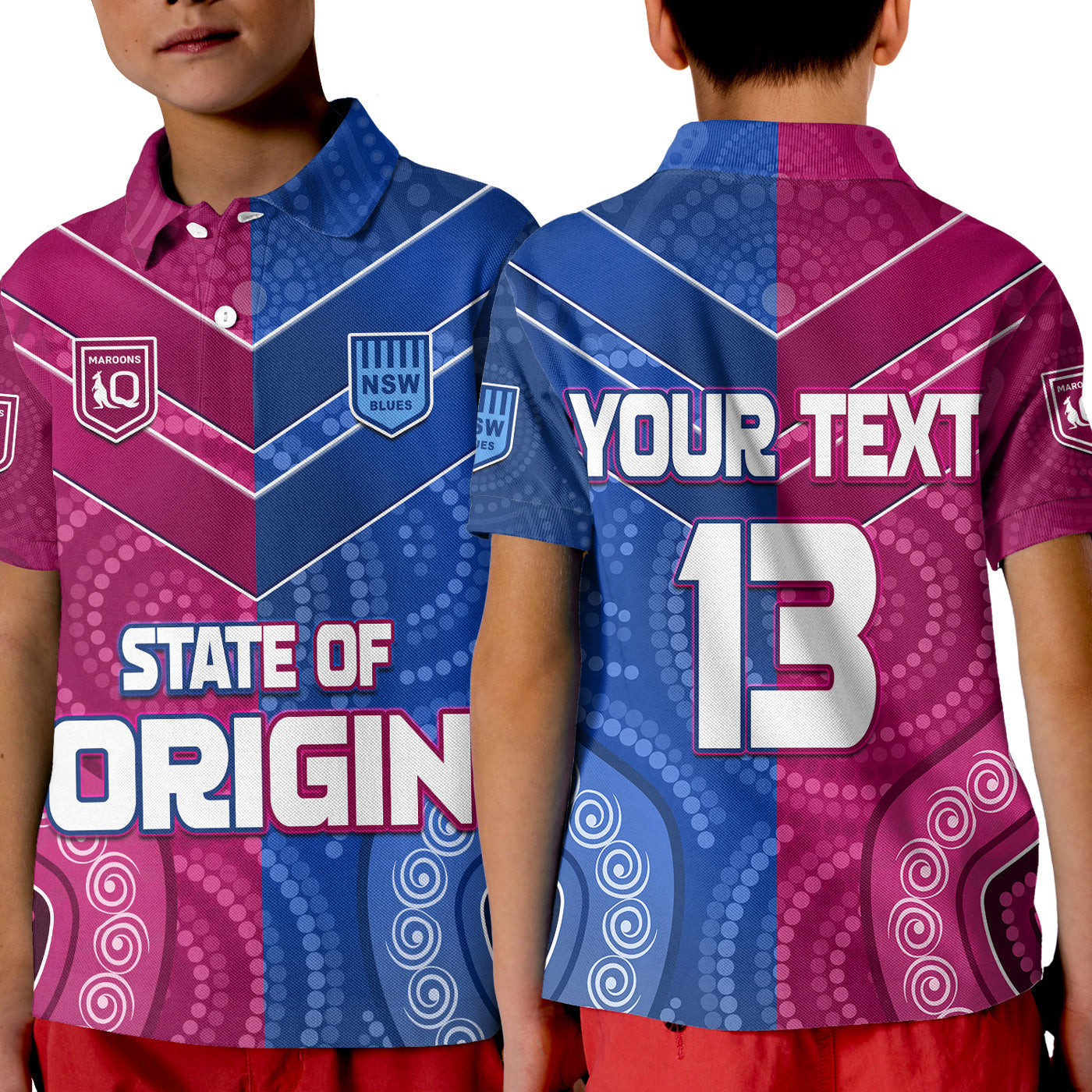 (Custom Text and Number) Blues and Maroons Rugby Polo Shirt KID Origin NSW Combine Queensland Aboriginal Australian - Vibe Hoodie Shop