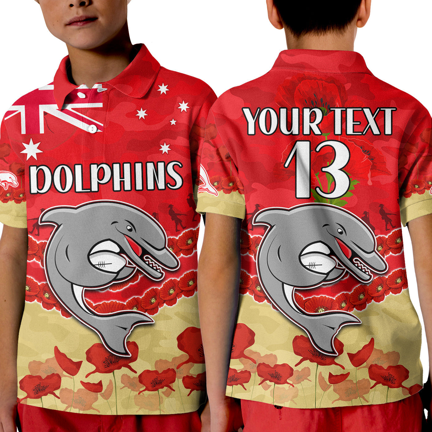 custom-text-and-number-dolphins-rugby-polo-shirt-kid-anzac-day-lest-we-forget