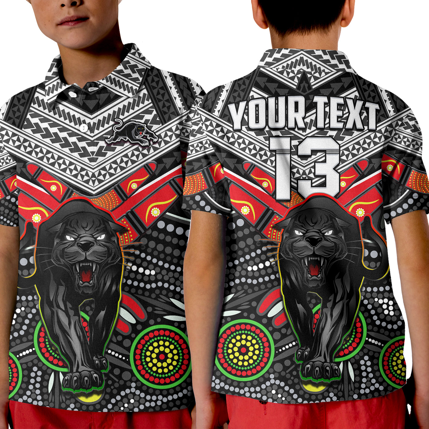 (Custom Text and Number) Panthers Rugby Polo Shirt KID Aboriginal and Polynesia Penrith The Riff - Vibe Hoodie Shop