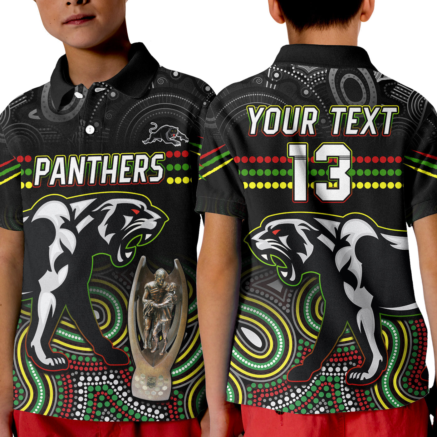 Custom Text and Number Panthers Rugby Polo Shirt KID Premiers 2022 Back to Back Champions - Vibe Hoodie Shop