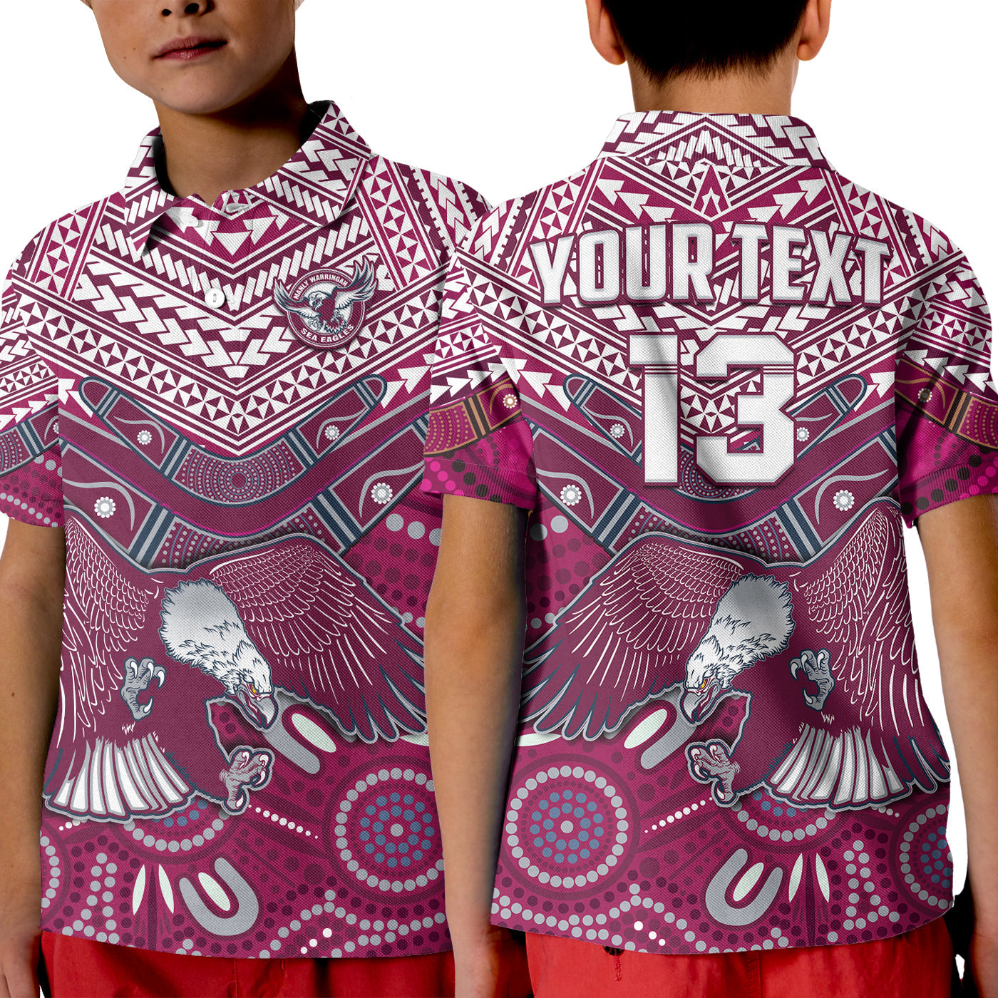 (Custom Text and Number) Sea Eagles Rugby Polo Shirt KID Aboriginal and Polynesia Manly Warringah - Vibe Hoodie Shop
