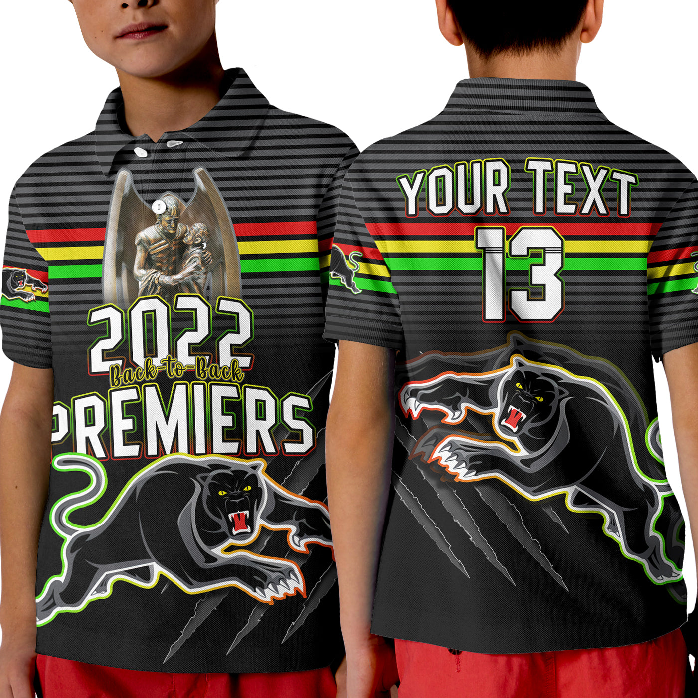 Custom Text and Number Panthers Proud Polo Shirt KID Back to Back Premiers 2022 Version Black - Vibe Hoodie Shop
