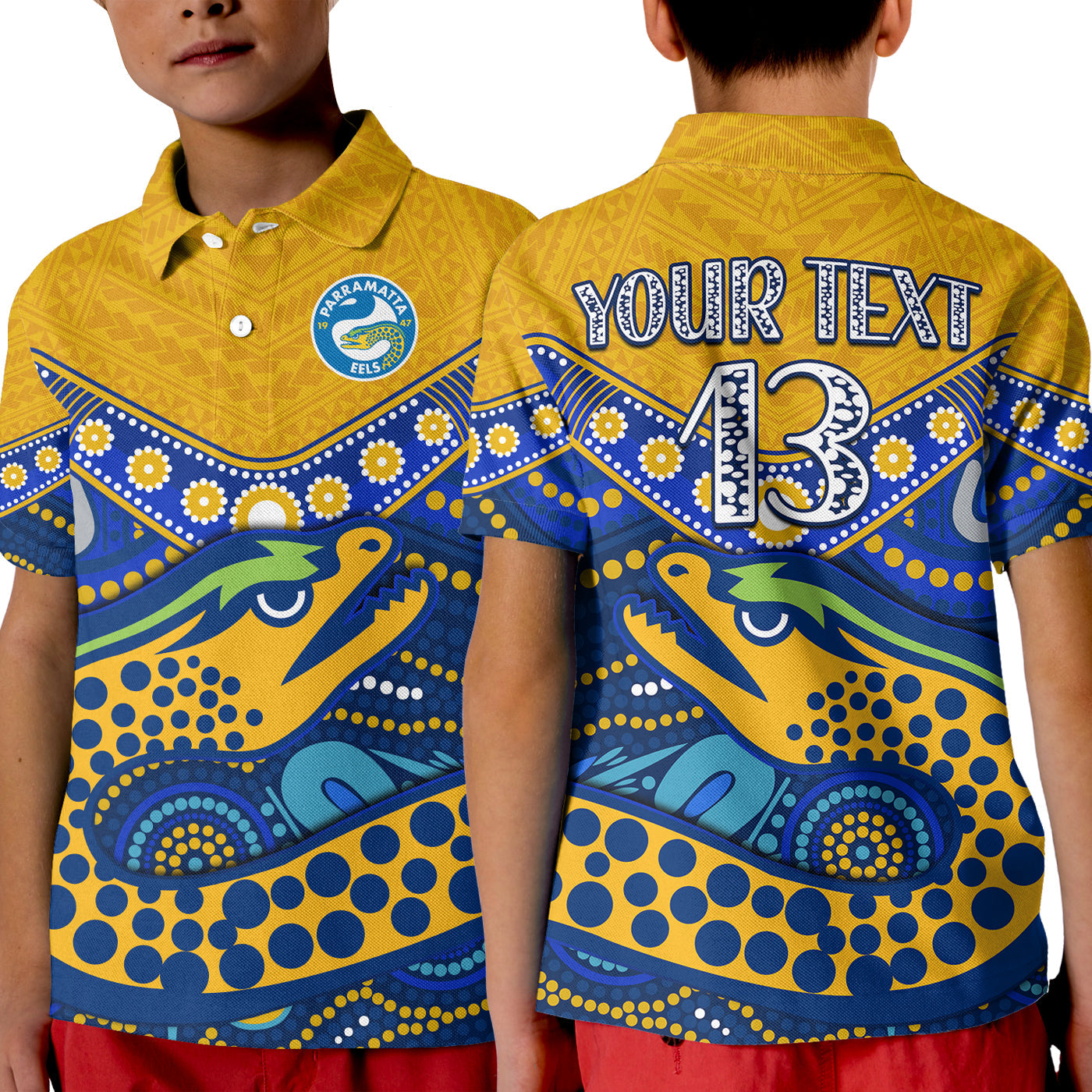(Custom Text and Number) Eels Rugby Polo Shirt KID Aboriginal and Polynesia Parramatta - Vibe Hoodie Shop