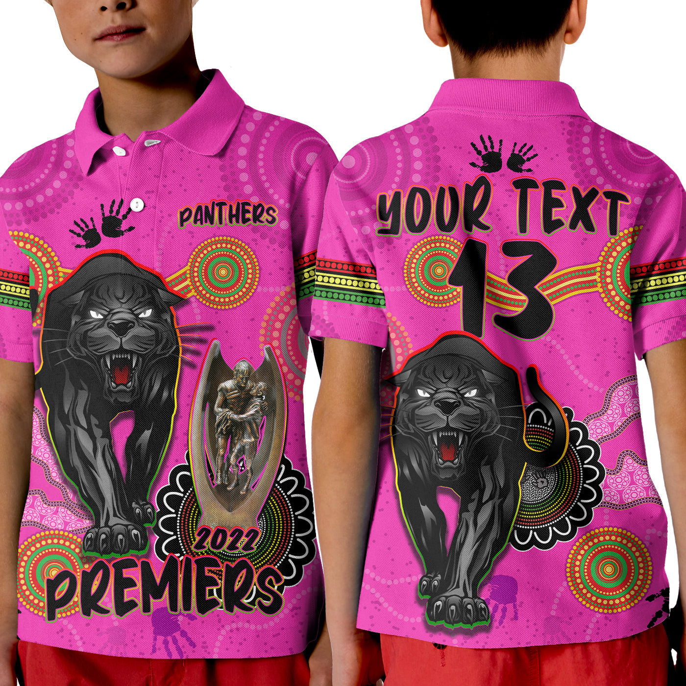 (Custom Text and Number) Panthers Polo Shirt KID Aboriginal Premiers 2022 We Are The Champions With Trophy - Vibe Hoodie Shop