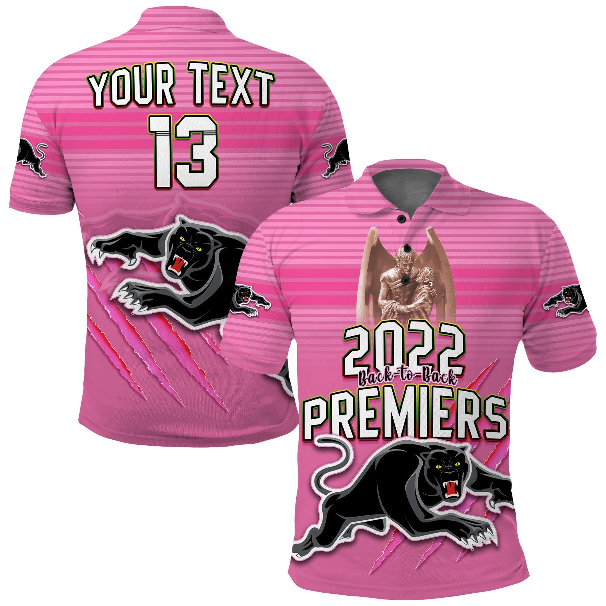 Custom Text and Number Panthers Proud Polo Shirt Back to Back Premiers 2022 Version Pink - Vibe Hoodie Shop