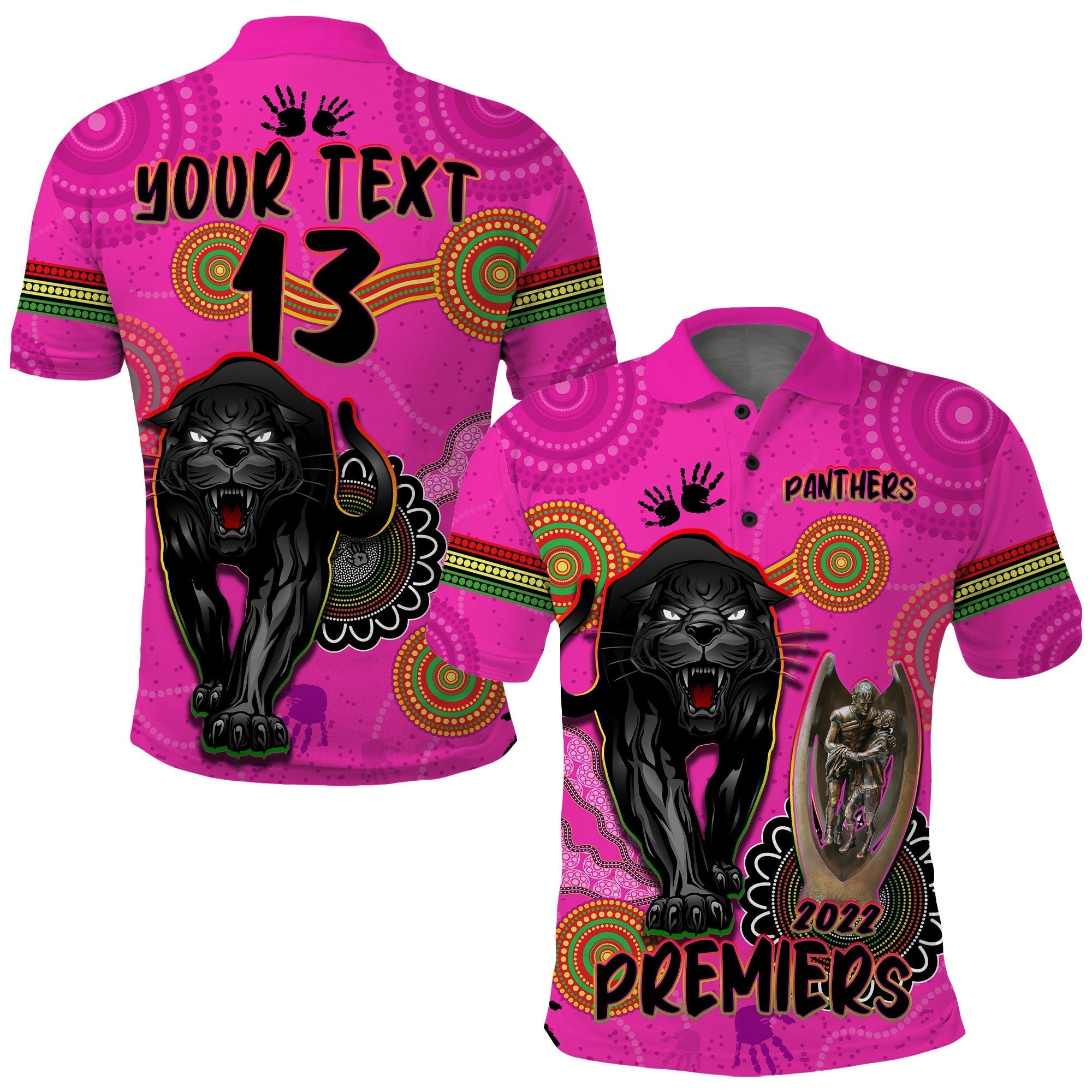 (Custom Text and Number) Panthers Polo Shirt Aboriginal Premiers 2022 We Are The Champions With Trophy - Vibe Hoodie Shop