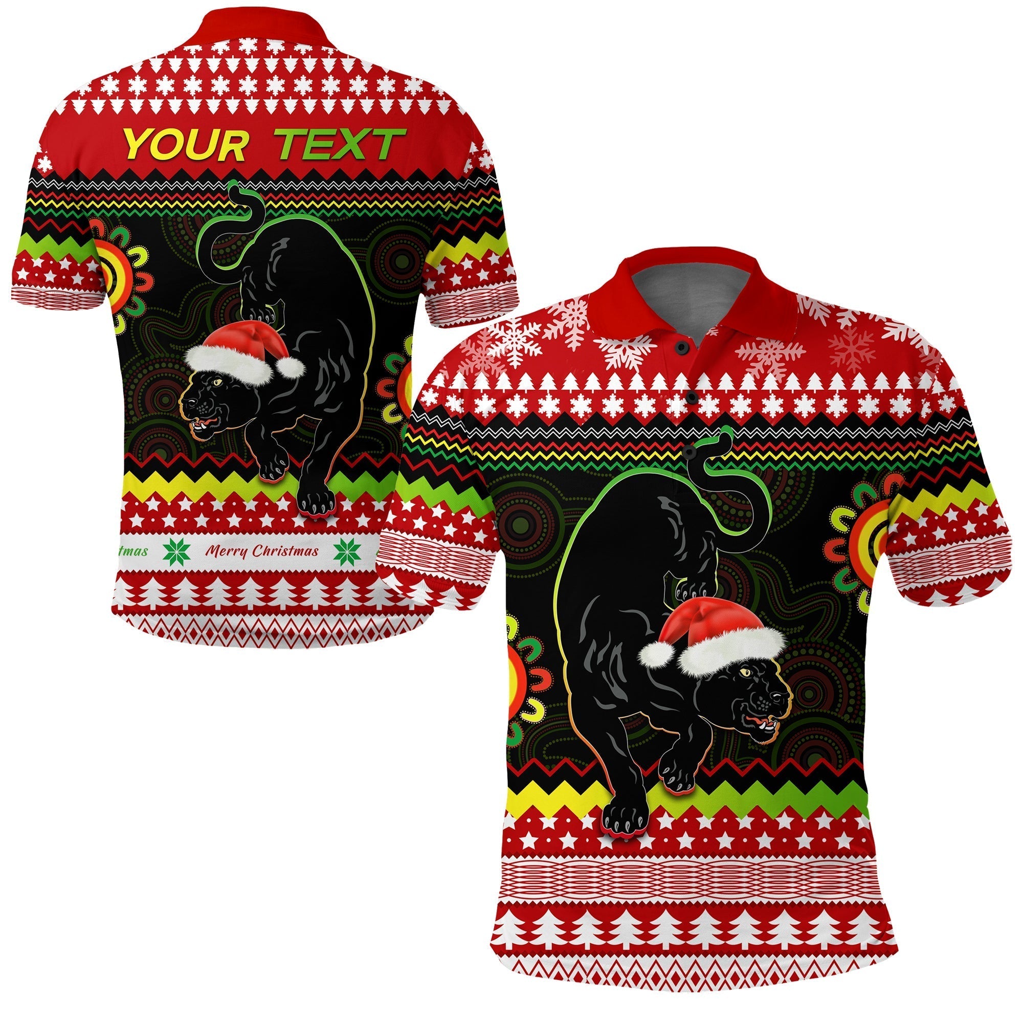 (Custom Personalised) Panthers Christmas Polo Shirt Penrith Snow mix Indigenous - Vibe Hoodie Shop