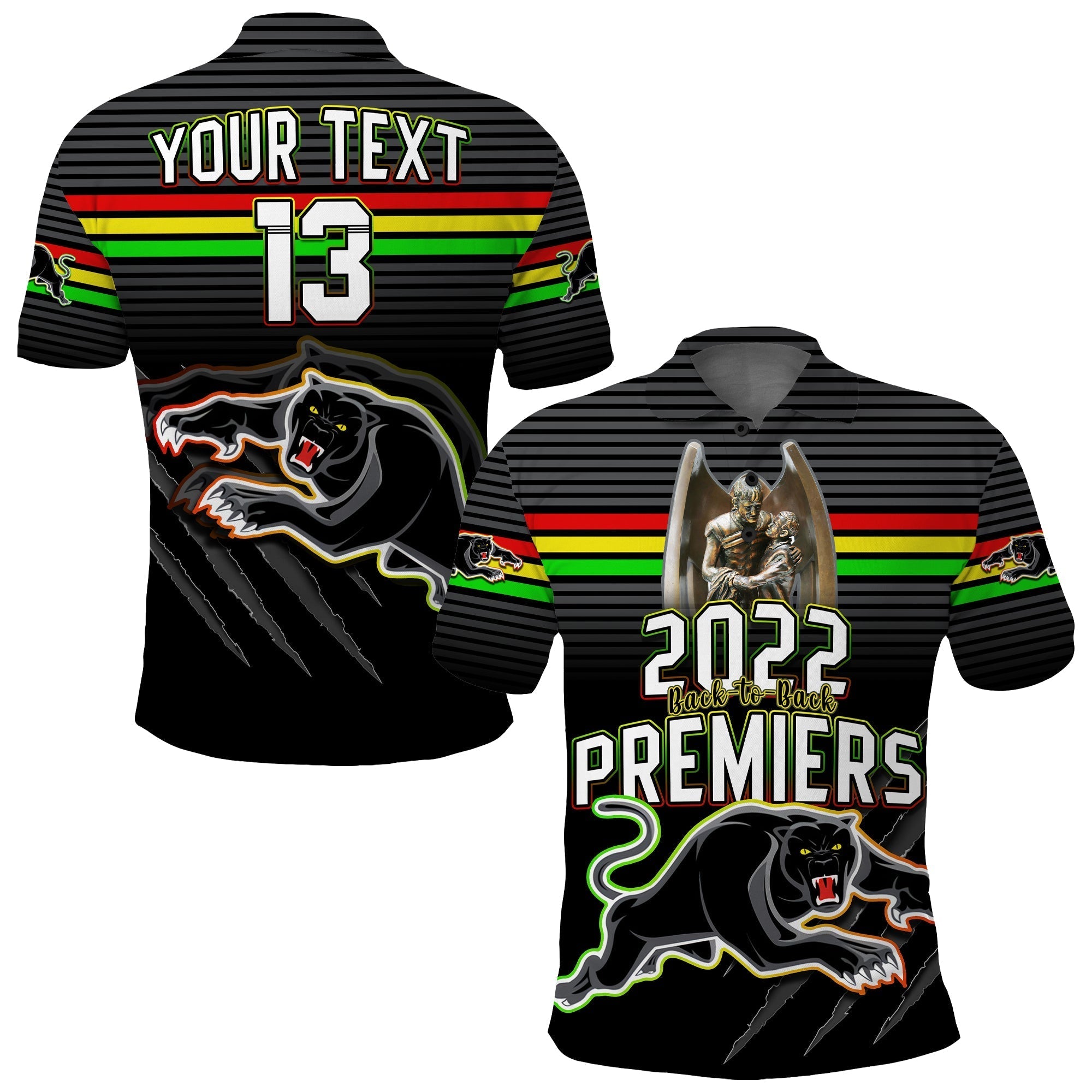 Custom Text and Number Panthers Proud Polo Shirt Back to Back Premiers 2022 Version Black - Vibe Hoodie Shop