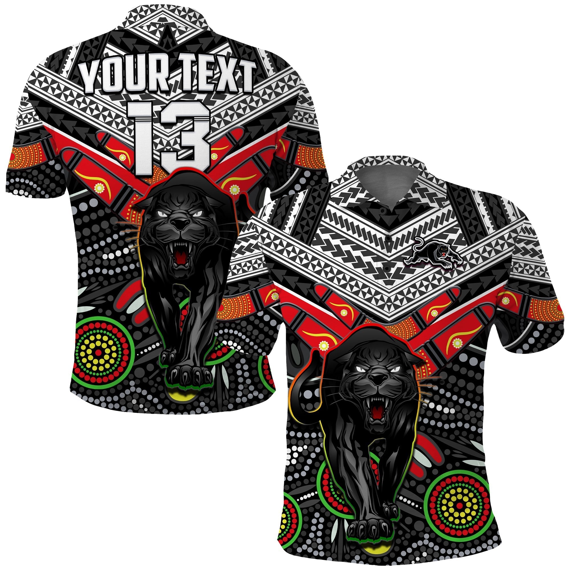(Custom Text and Number) Panthers Rugby Polo Shirt Aboriginal and Polynesia Penrith The Riff - Vibe Hoodie Shop