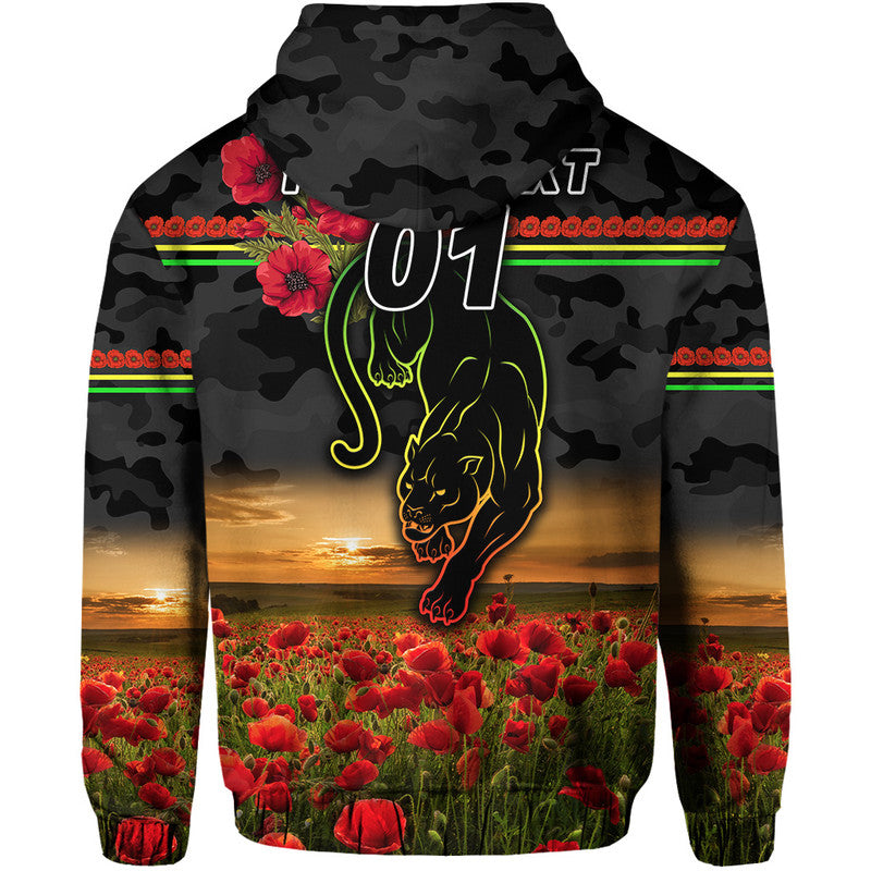 (Custom Personalised) Penrith Panthers ANZAC 2022 Zip Up And Pullover Hoodie Poppy Flowers Vibes - Black LT8 - Vibe Hoodie Shop