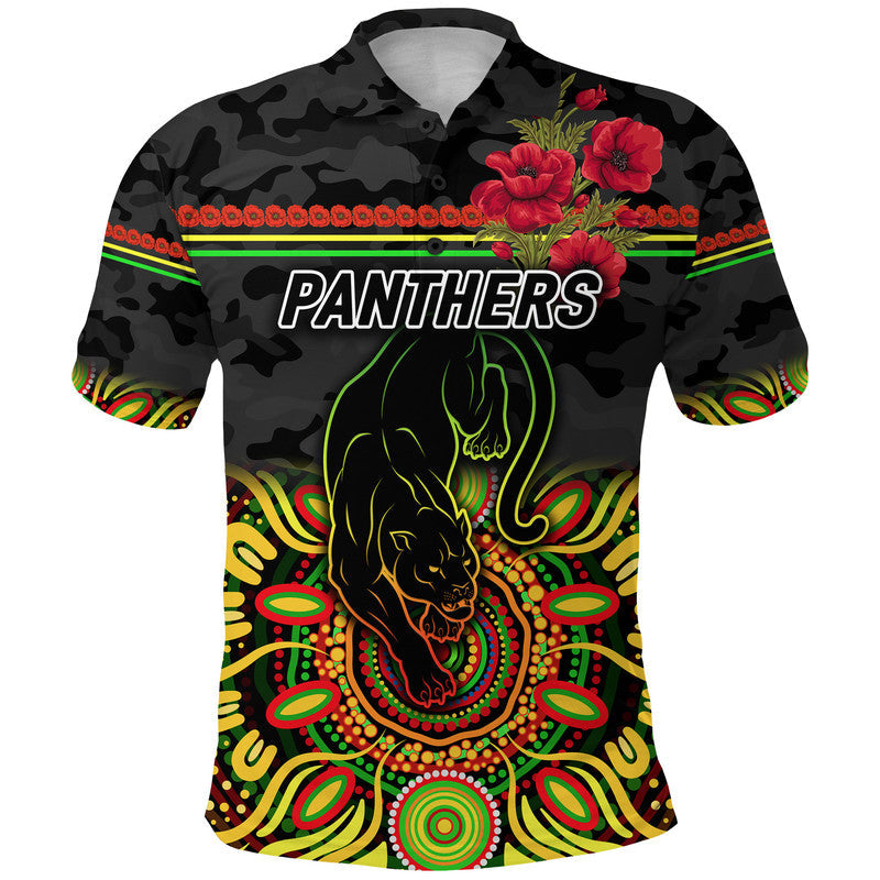 (Custom Personalised) Panthers ANZAC Polo Shirt Indigenous Vibes - Black - Vibe Hoodie Shop