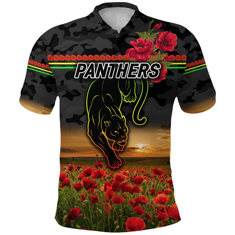 Penrith Panthers ANZAC 2022 Polo Shirt Poppy Flowers Vibes - Black - Vibe Hoodie Shop