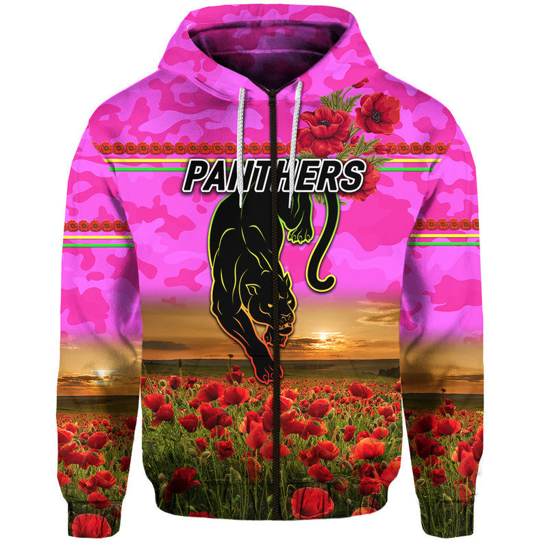 Penrith Panthers ANZAC 2022 Zip Up And Pullover Hoodie Poppy Flowers Vibes - Pink LT8 - Vibe Hoodie Shop