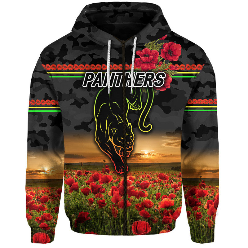 Penrith Panthers ANZAC 2022 Zip Up And Pullover Hoodie Poppy Flowers Vibes - Black LT8 - Vibe Hoodie Shop