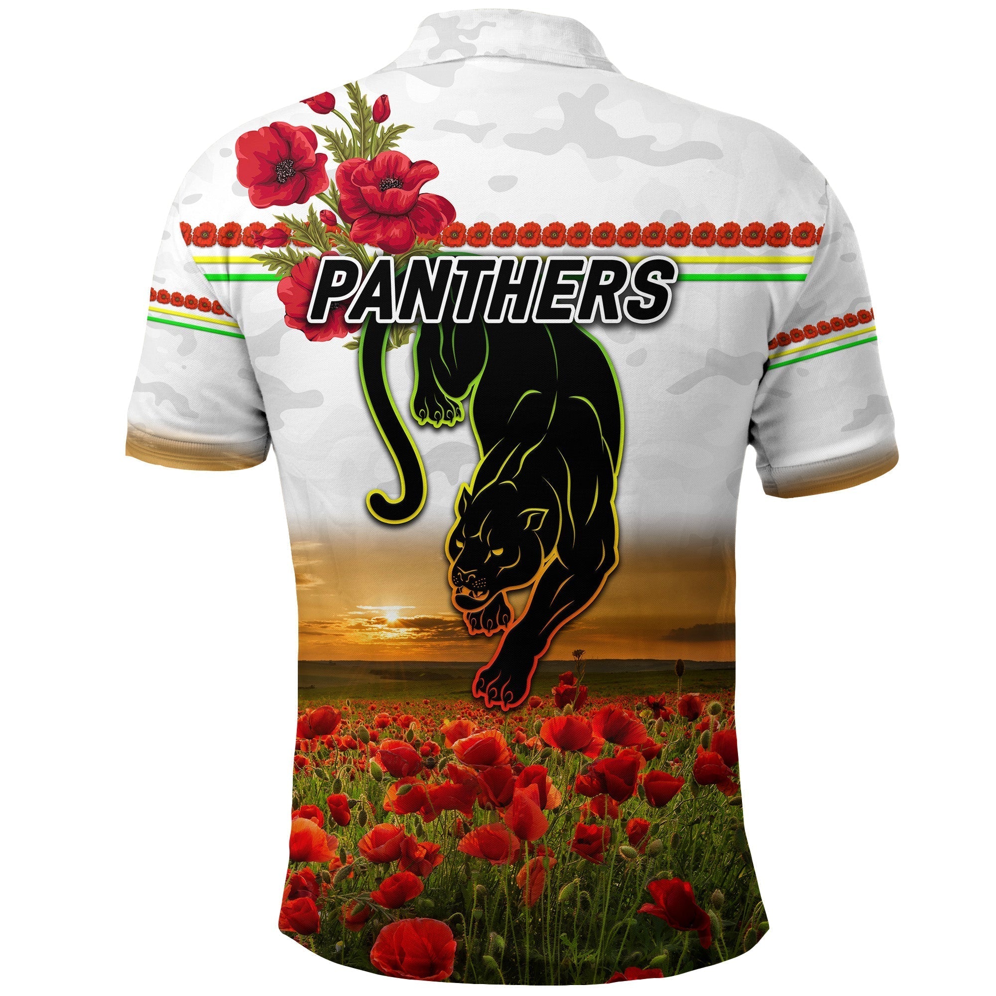 Penrith Panthers ANZAC 2022 Polo Shirt Poppy Flowers Vibes - White - Vibe Hoodie Shop