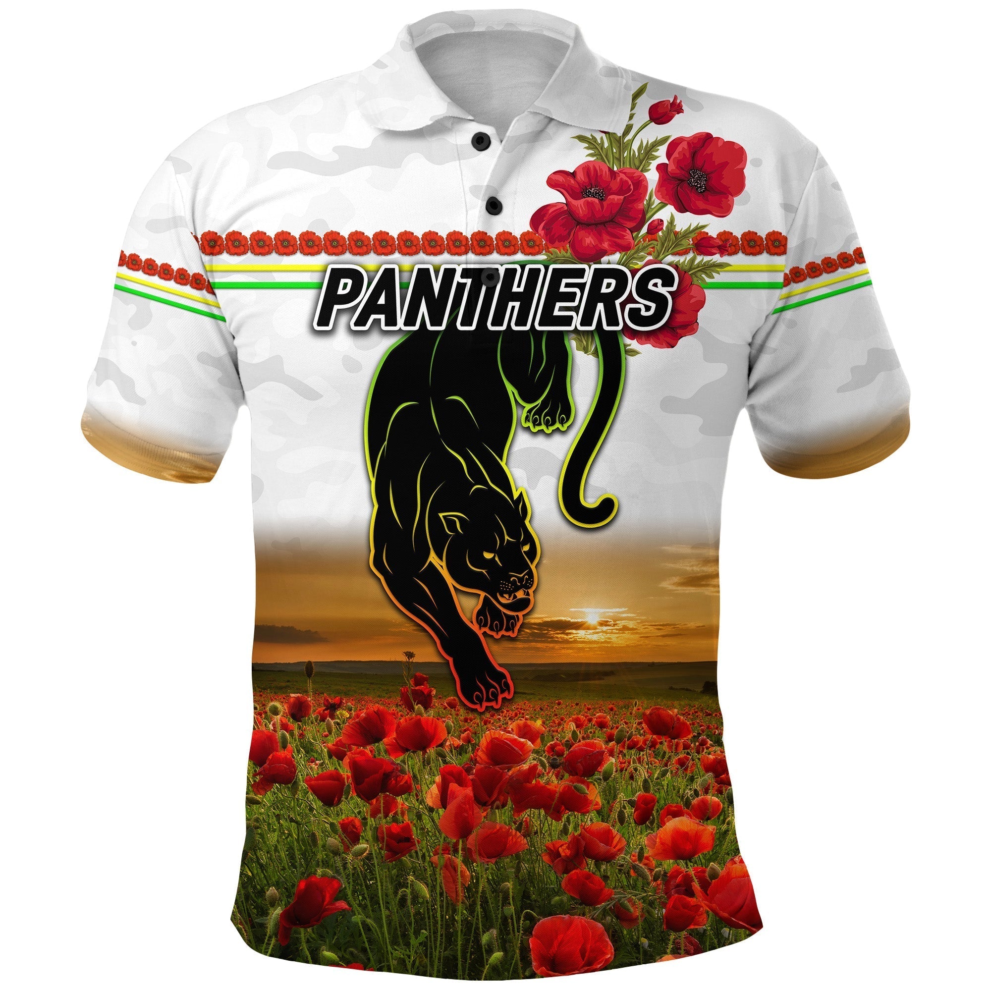 Penrith Panthers ANZAC 2022 Polo Shirt Poppy Flowers Vibes - White - Vibe Hoodie Shop