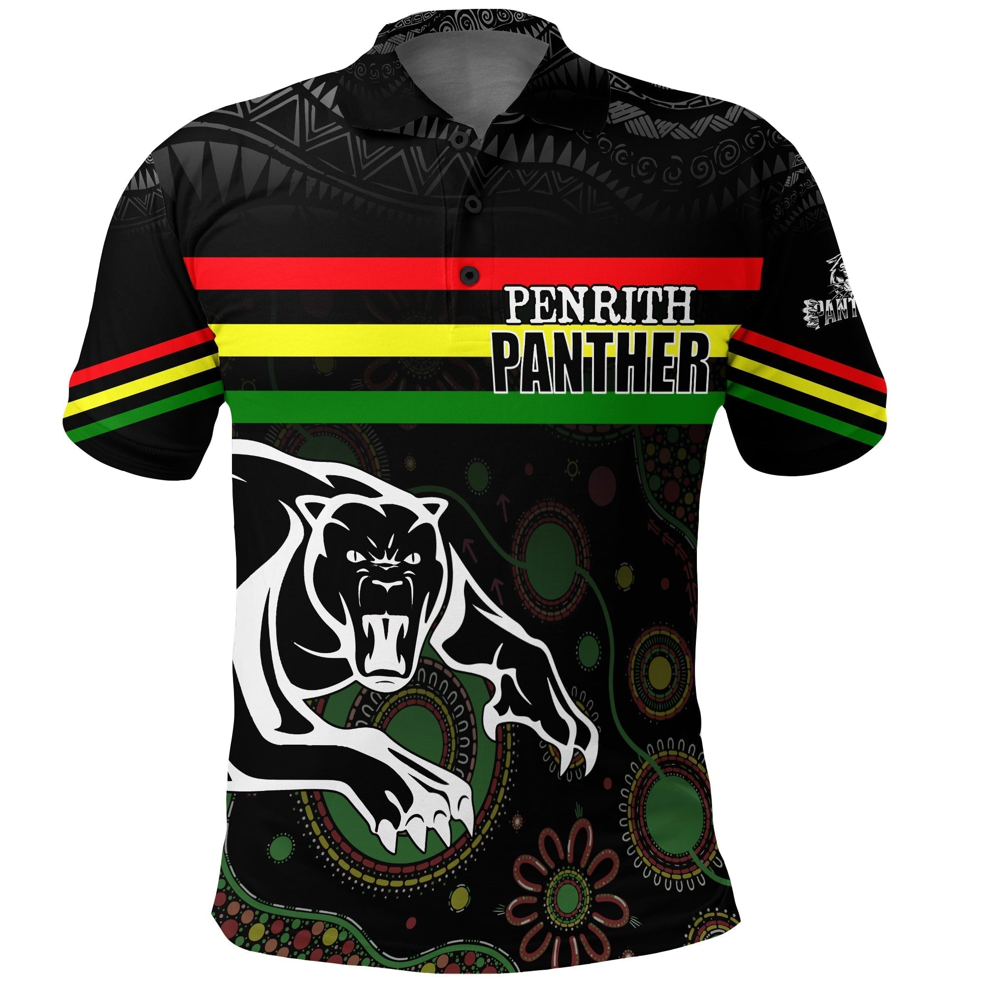 (Custom Personalised) Penrith Black Panther Polo Shirt - Aboriginal Art with Abstract Pattern - Vibe Hoodie Shop