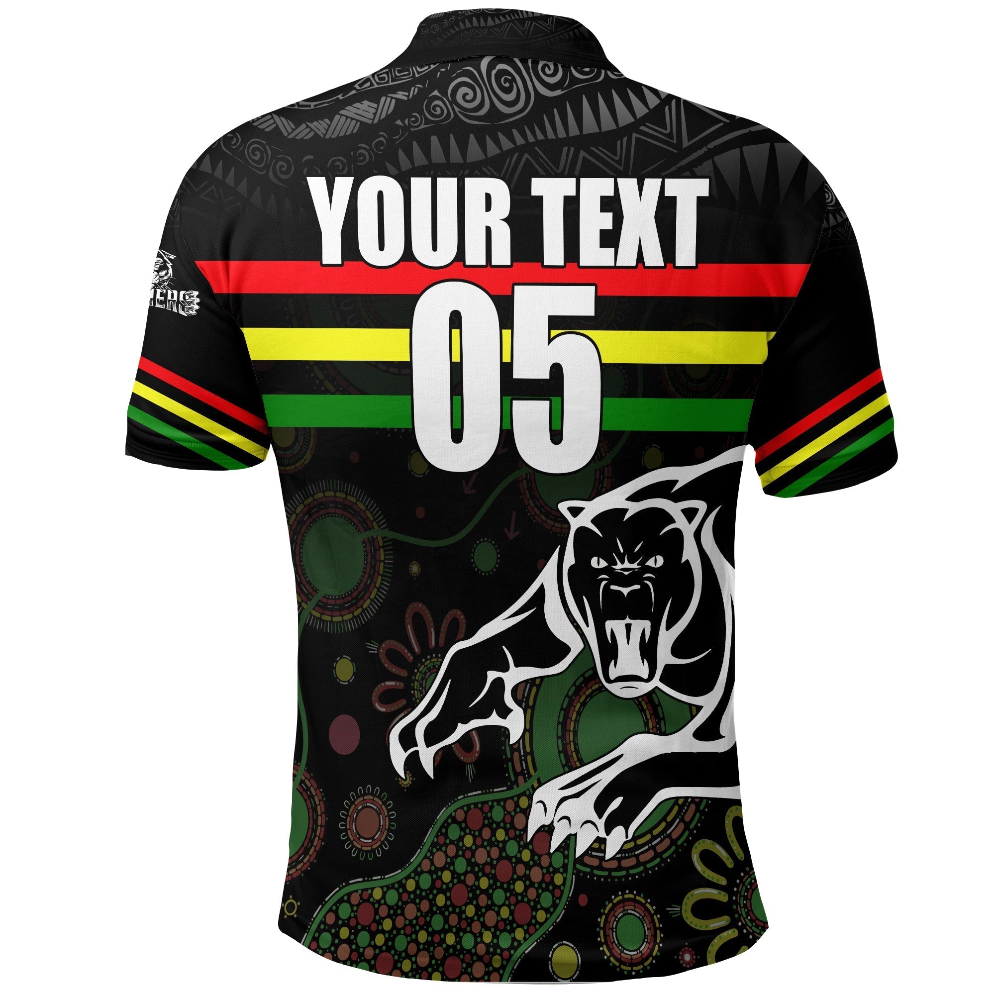 (Custom Personalised) Penrith Black Panther Polo Shirt - Aboriginal Art with Abstract Pattern - Vibe Hoodie Shop