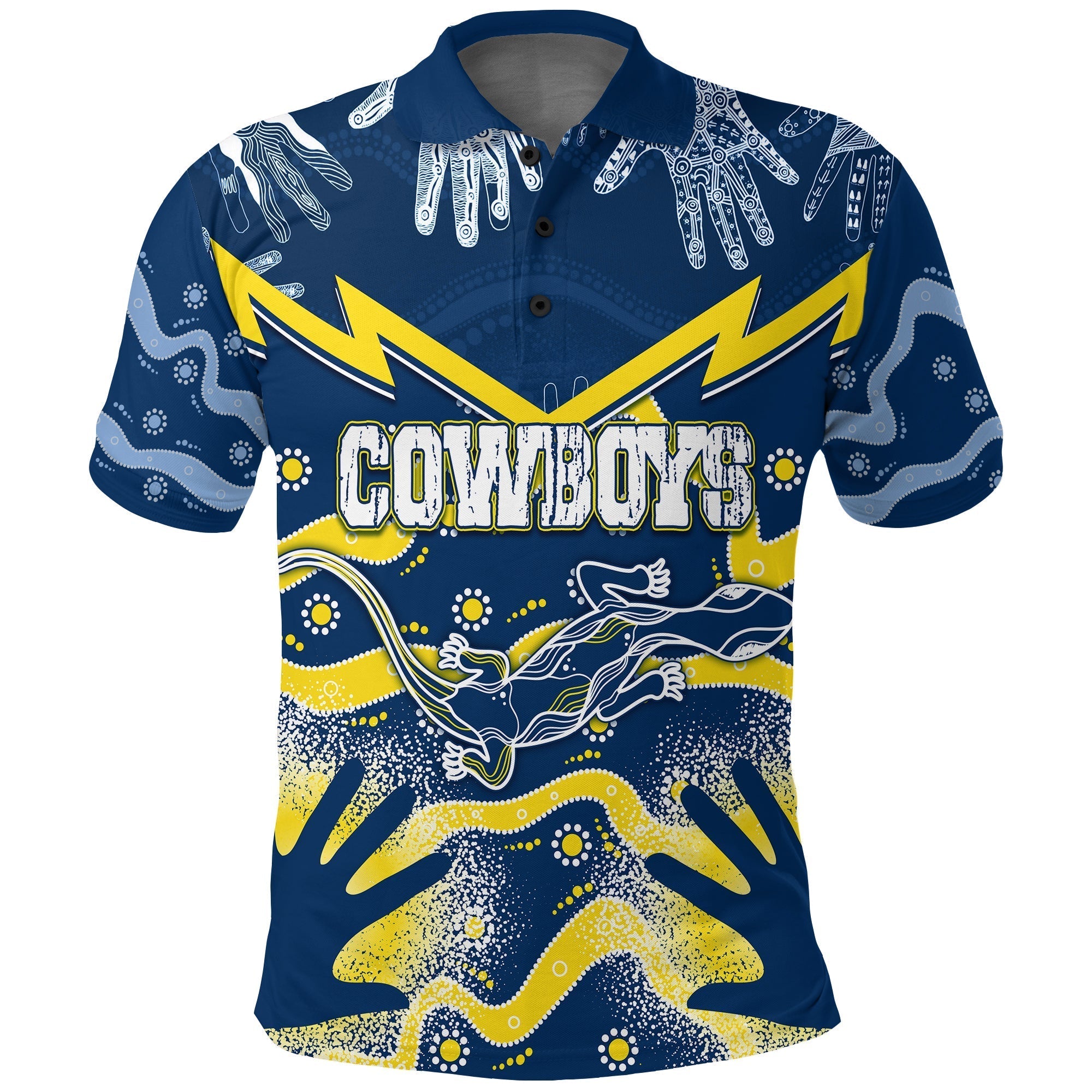 Personalised Cowboys Rugby Indigenous Polo Shirt Lizard Mix Hand Stencils - Vibe Hoodie Shop