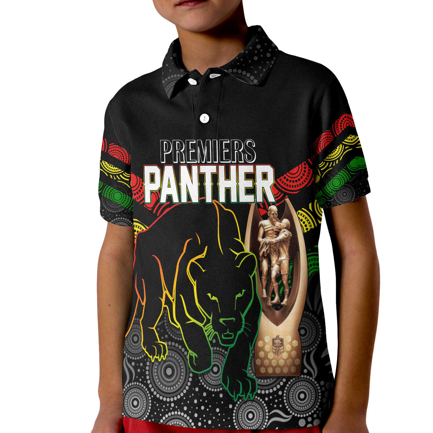 Personalised Panther Premiers NRL 2022 Polo Shirt KID Aboriginal Dot Art - Vibe Hoodie Shop