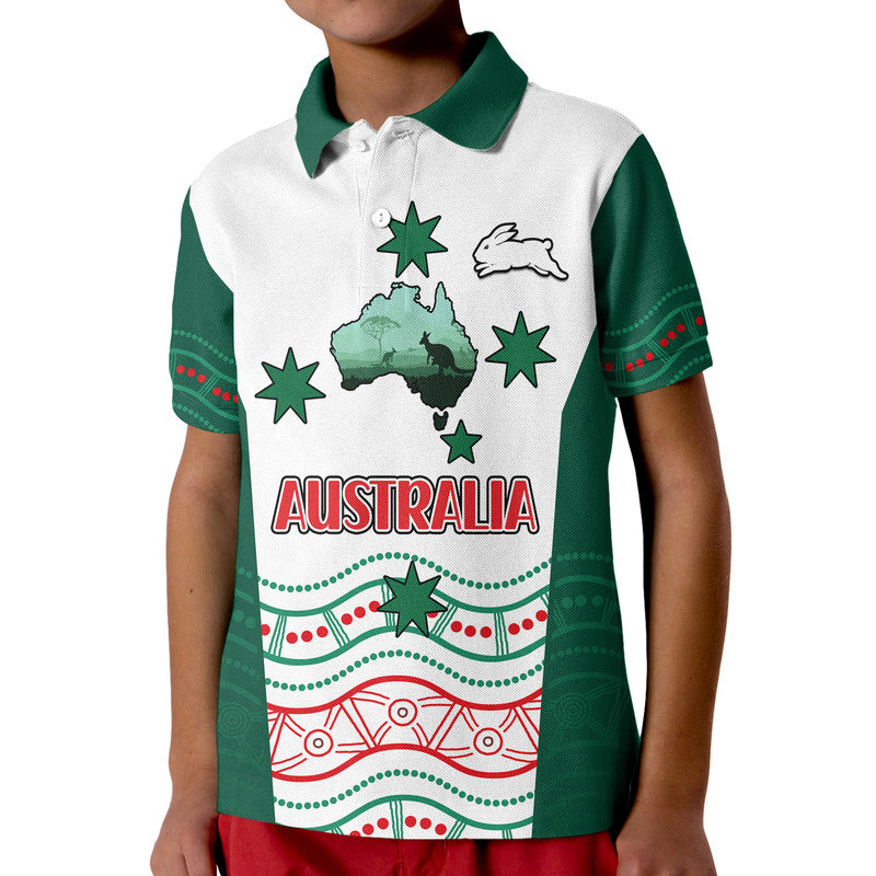 Rabbitohs Australia Day Polo Shirt Flag Map and Aboriginal Wave LT9 - Vibe Hoodie Shop